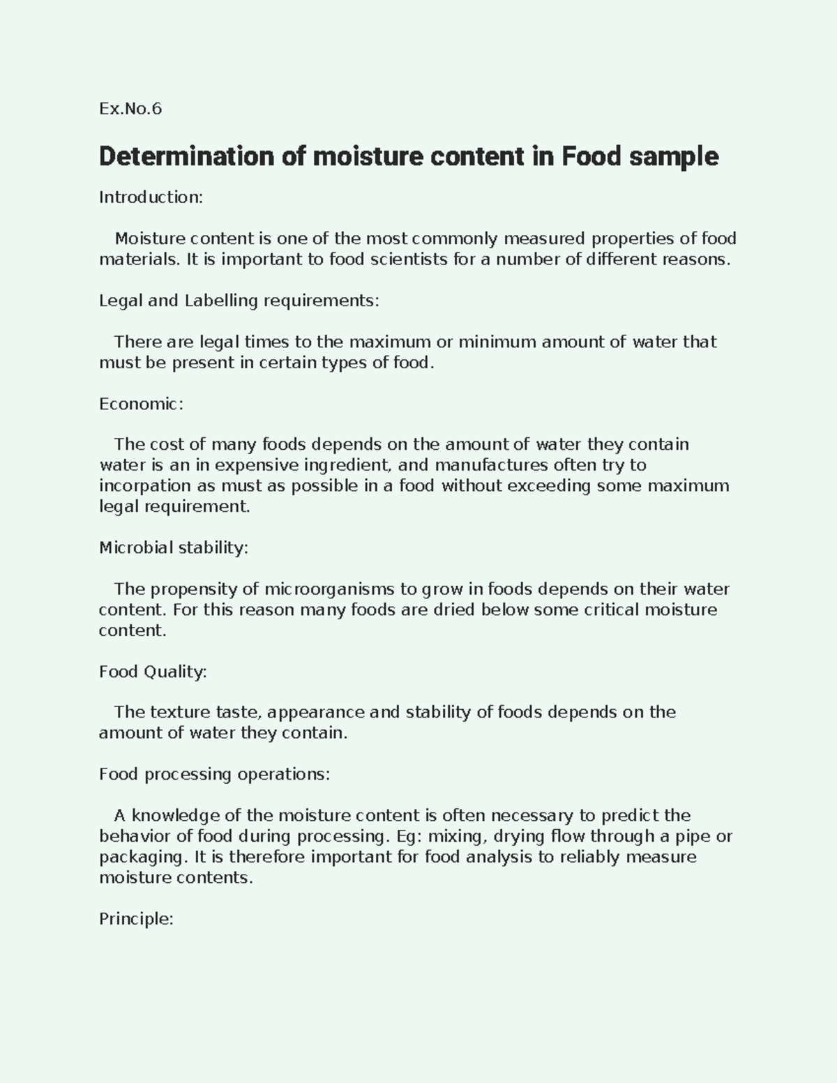 Ex.No.6: Moisture Content Analysis in Food Samples - Studocu