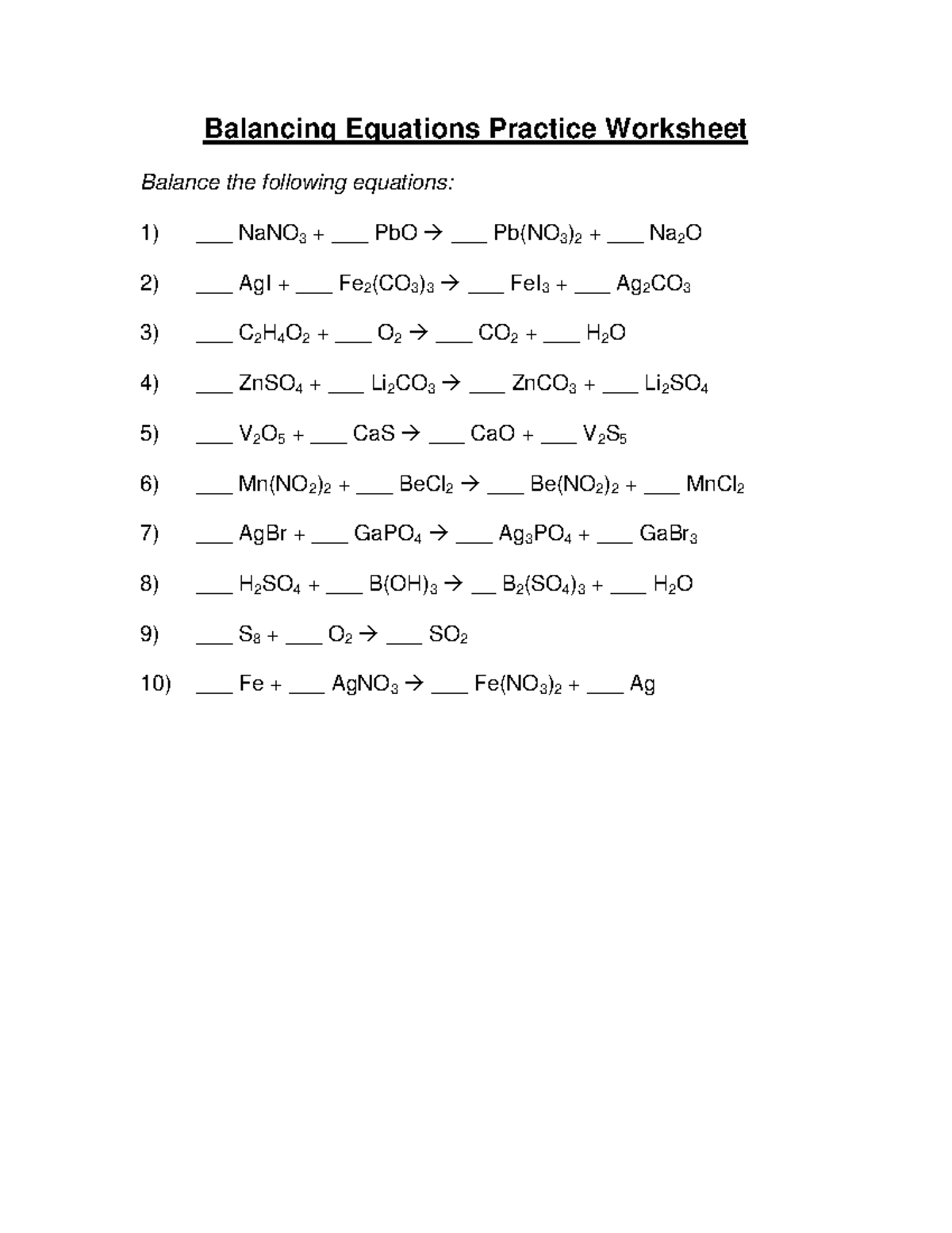 Balancing Chemical Equations Practice Worksheet - Studocu