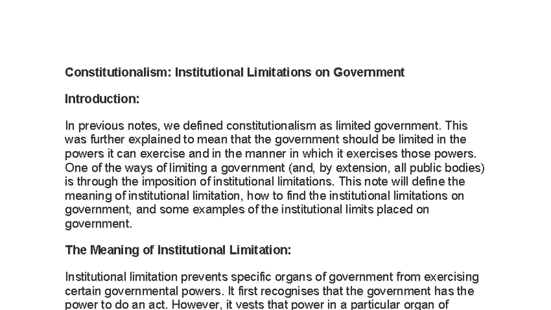 Constitutionalism: Institutional Limitations on Government (LAW 101 ...