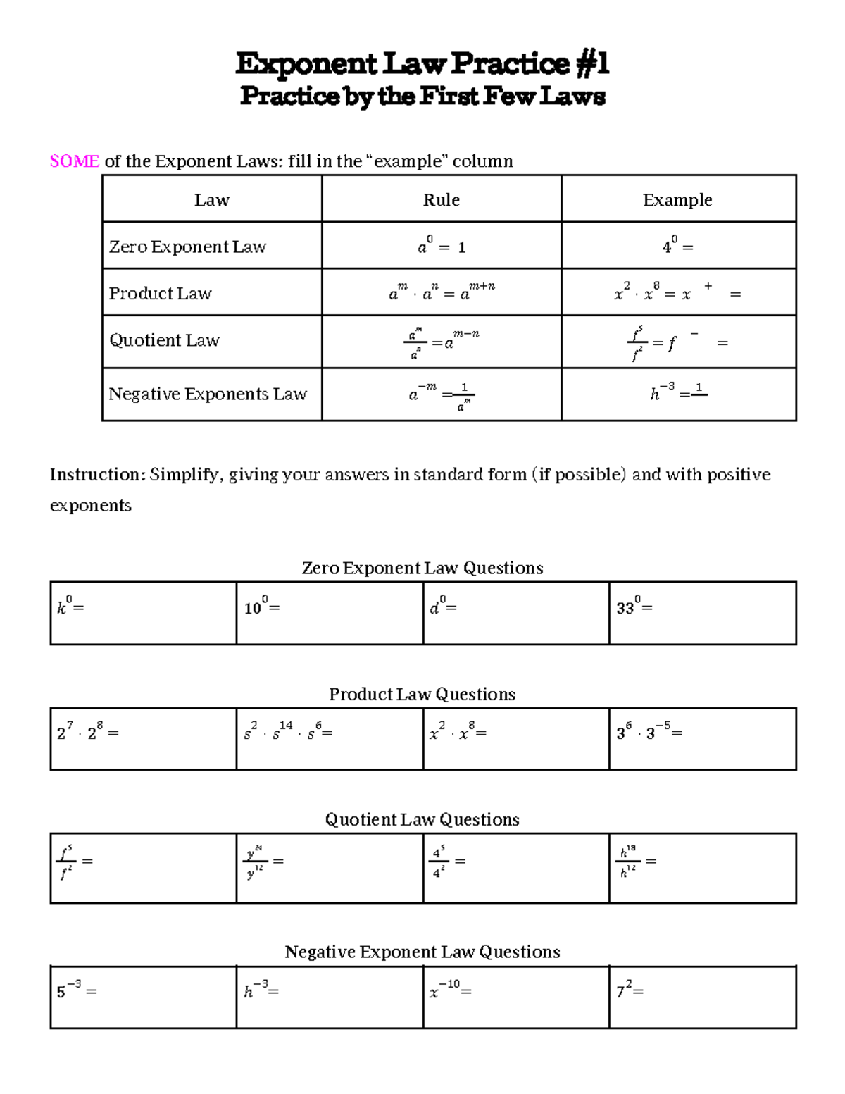 Exponent Law Practice #1: Fill in the Examples - Studocu