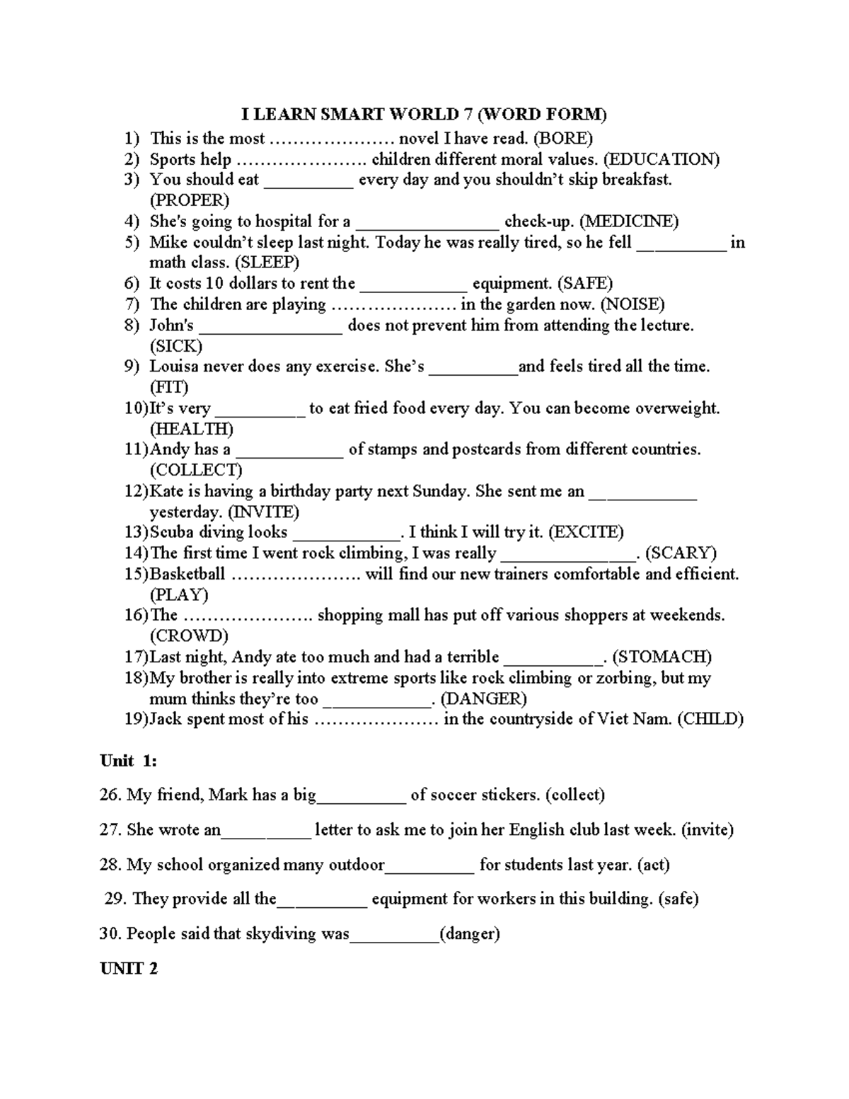 World Form Exercises for I LEARN SMART WORLD 7 (WORD FORM) - Studocu