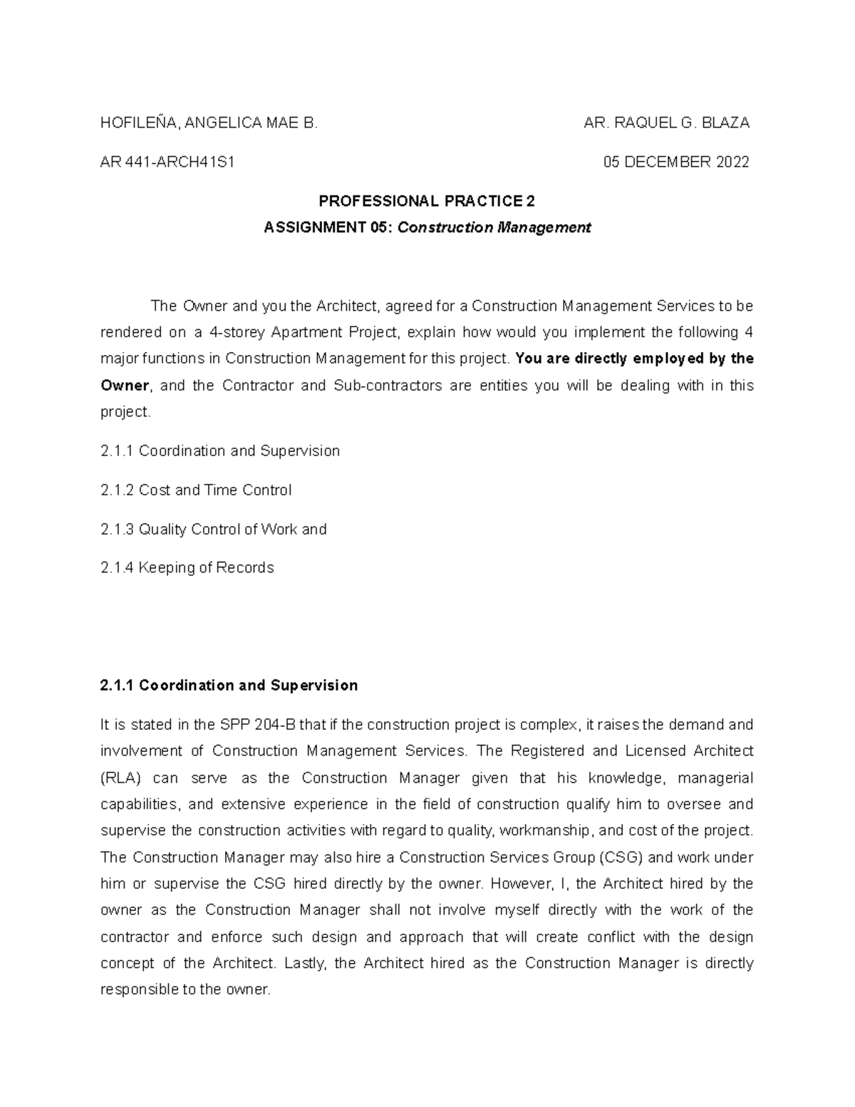 Professional Practice notes - HOFILEÑA, ANGELICA MAE B. AR. RAQUEL G ...