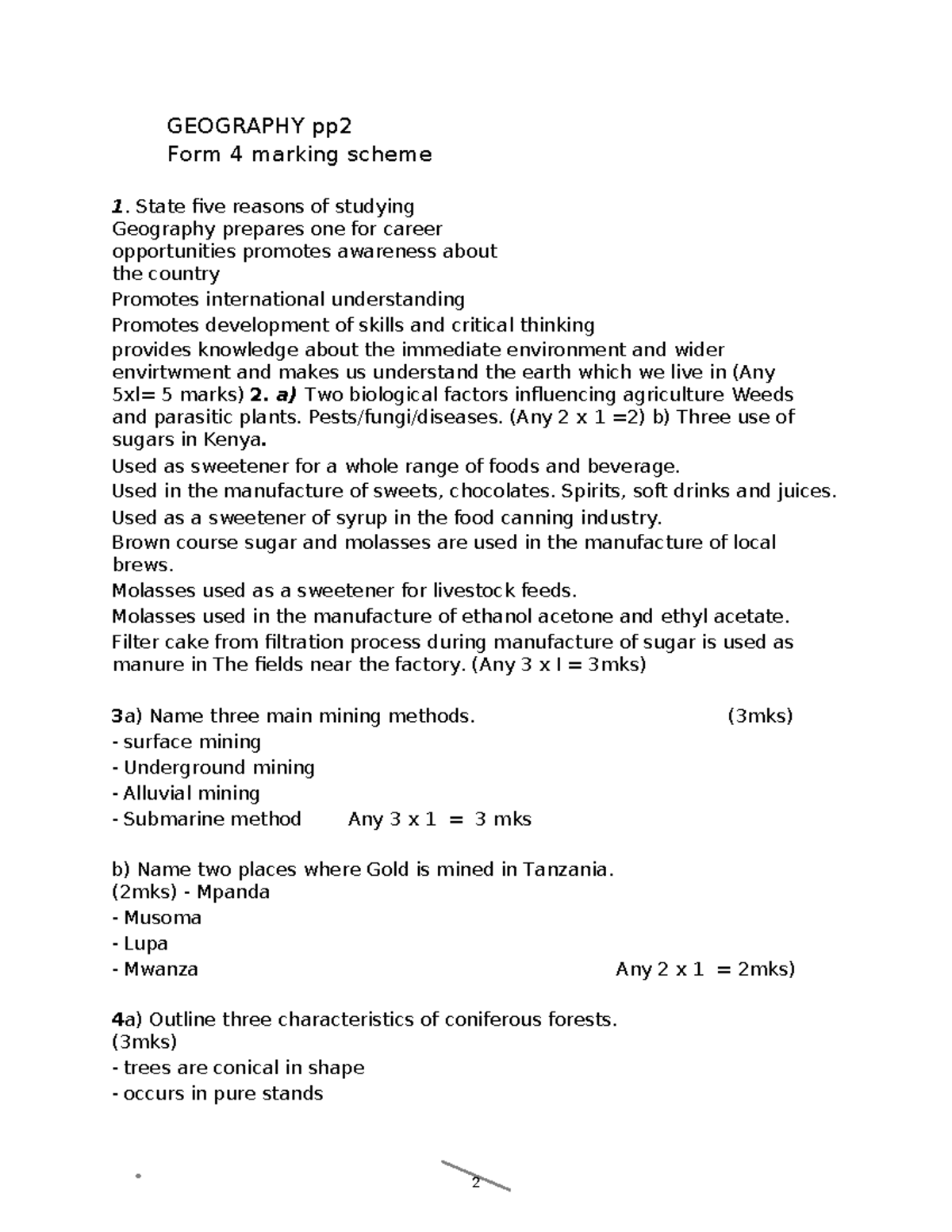 Geography P2 Form 4 Marking Scheme and Answers - Studocu