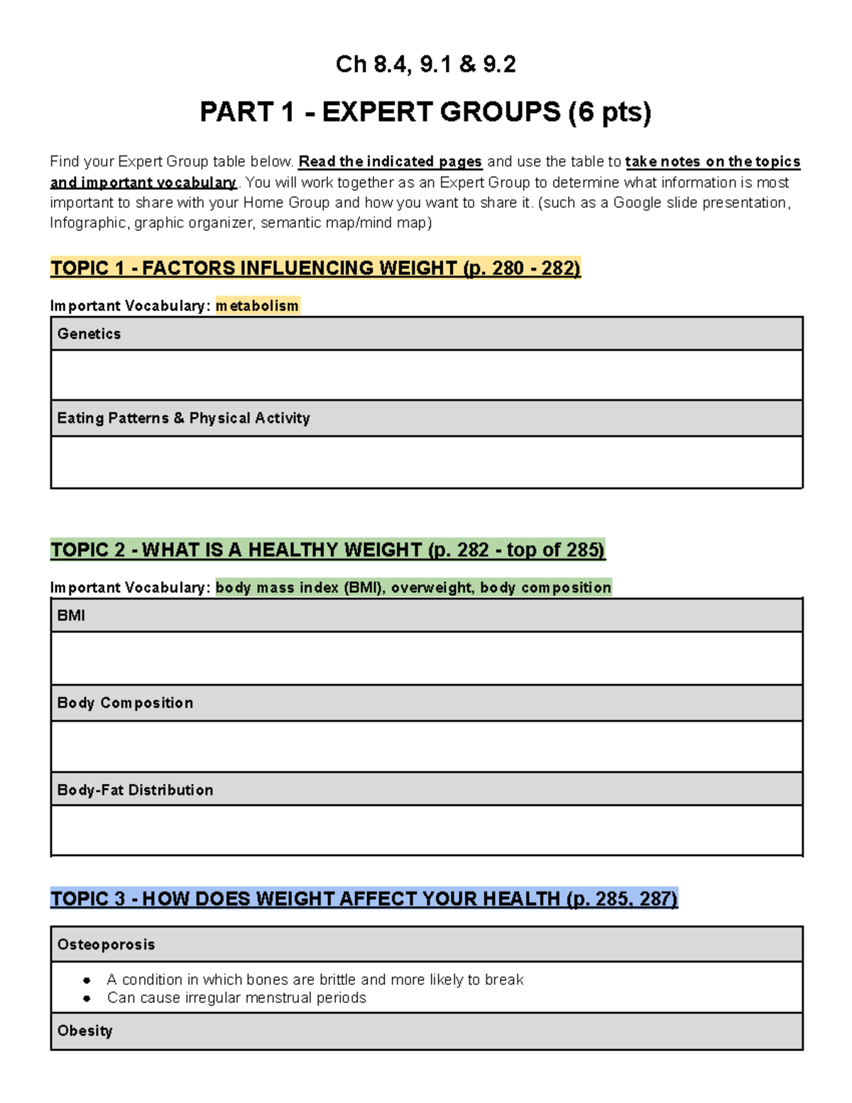 Ch 8.4, 9.1, 9.2 Expert Groups Assignment: Weight & Health Factors ...