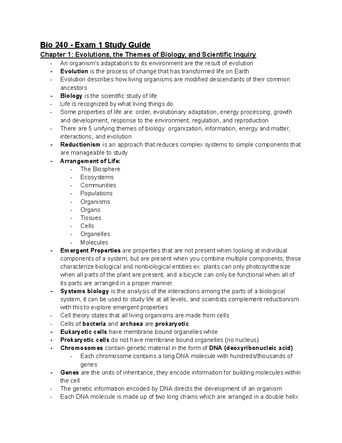 Bio 240 - Exam 1 Study Guide: Evolution, Biology Themes & Cell ...