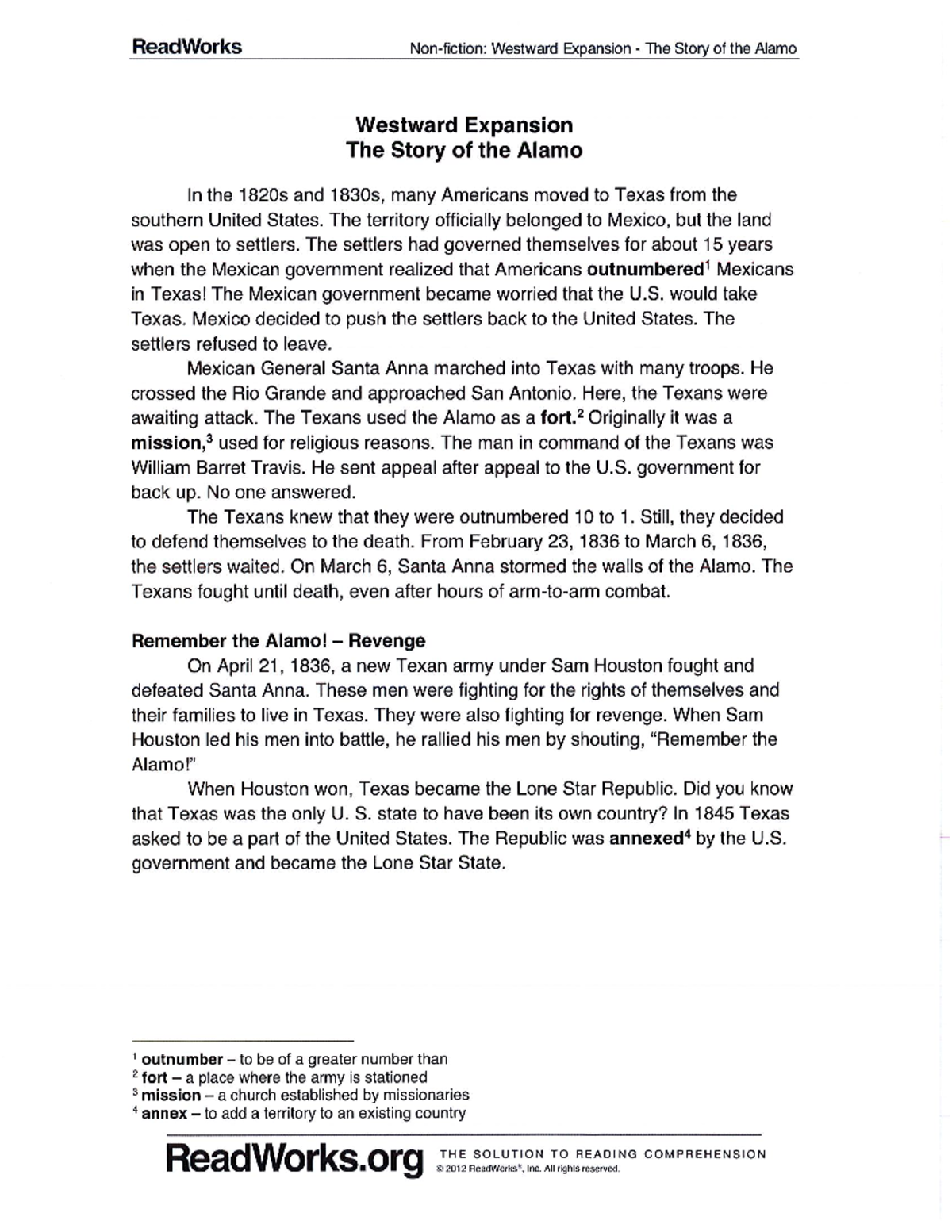 Reading - Westward Expansion: The Alamo Story and Its Legacy - Studocu