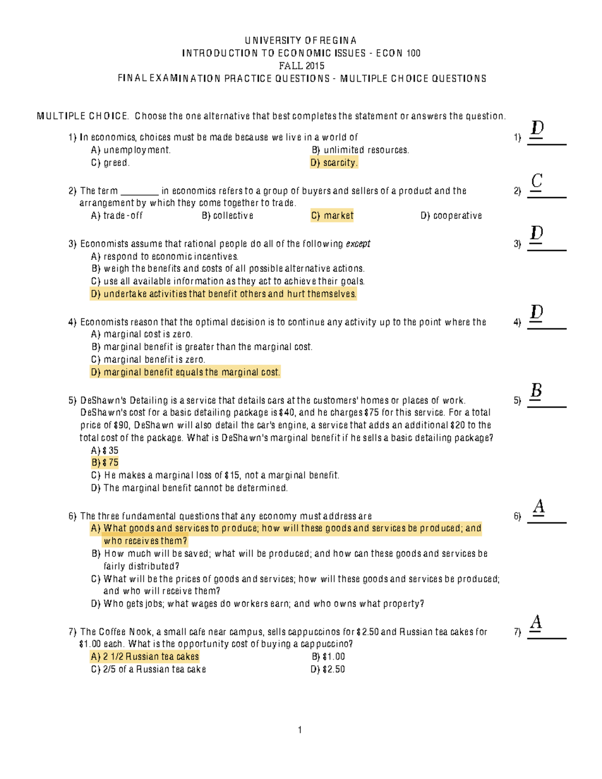 FINAL EXAMINATION PRACTICE QUESTIONS - ECON 100 FALL 2015 - Studocu