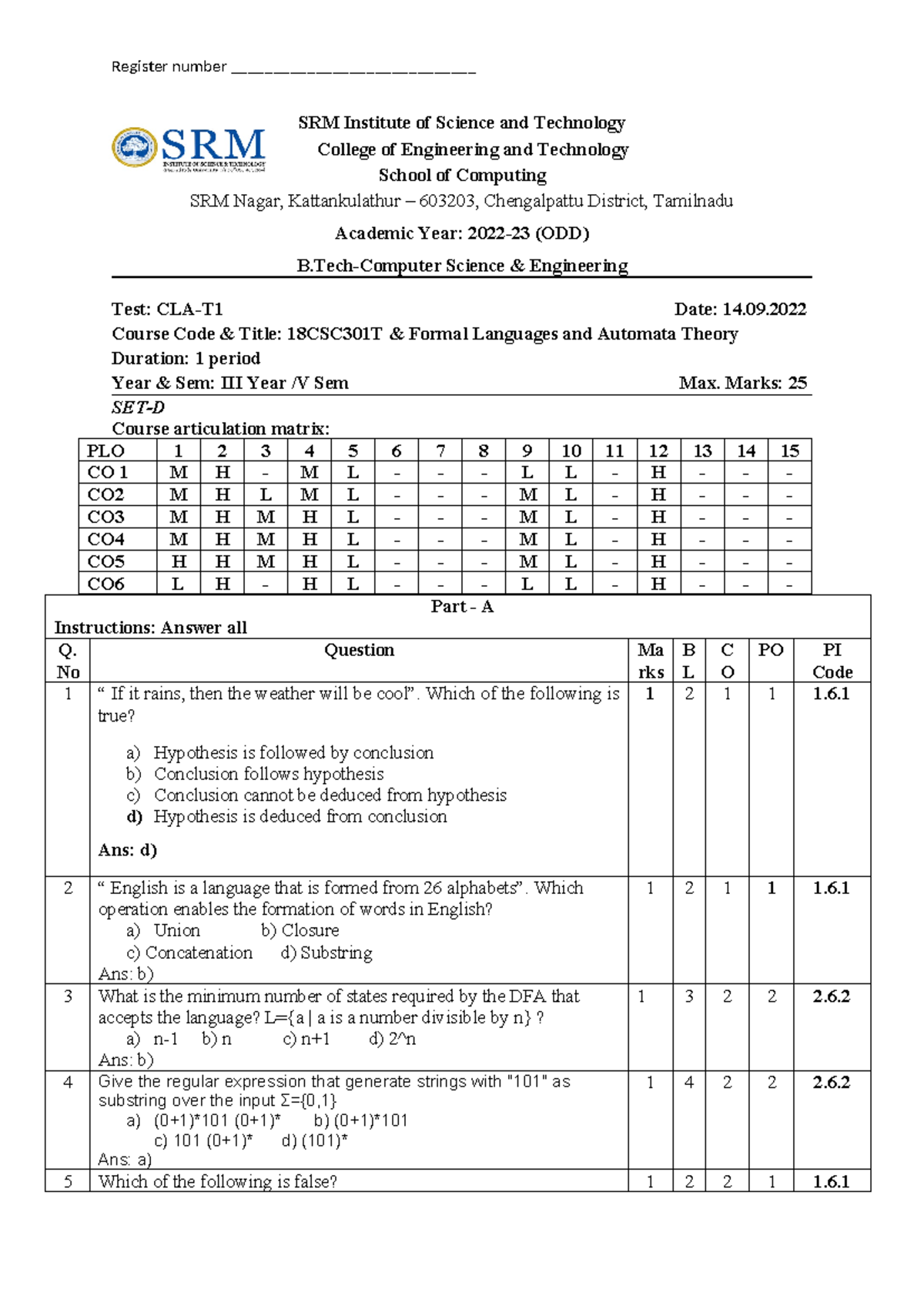 Employee ID Assignment Using DFA - 18CSC301T Formal Lang. Theory - Studocu