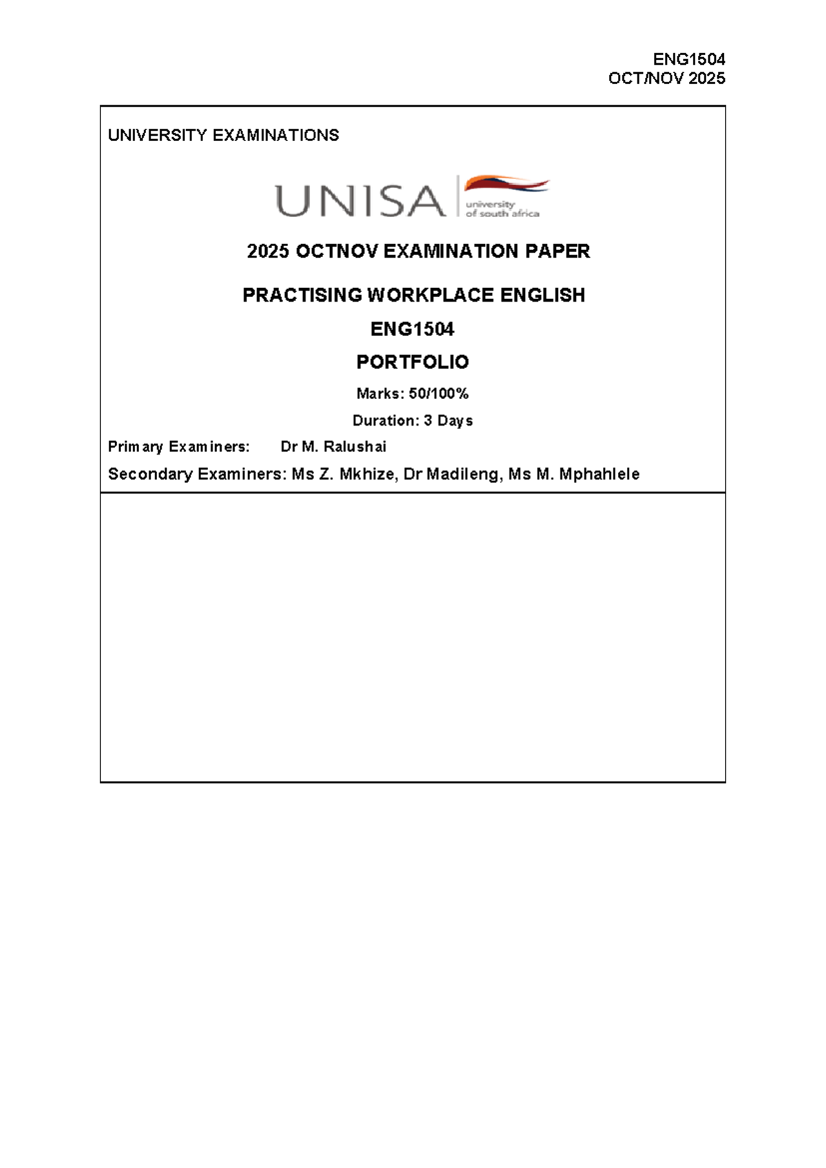 ENG1504 2025 Oct/Nov Exam Paper: Practicing Workplace English - Studocu