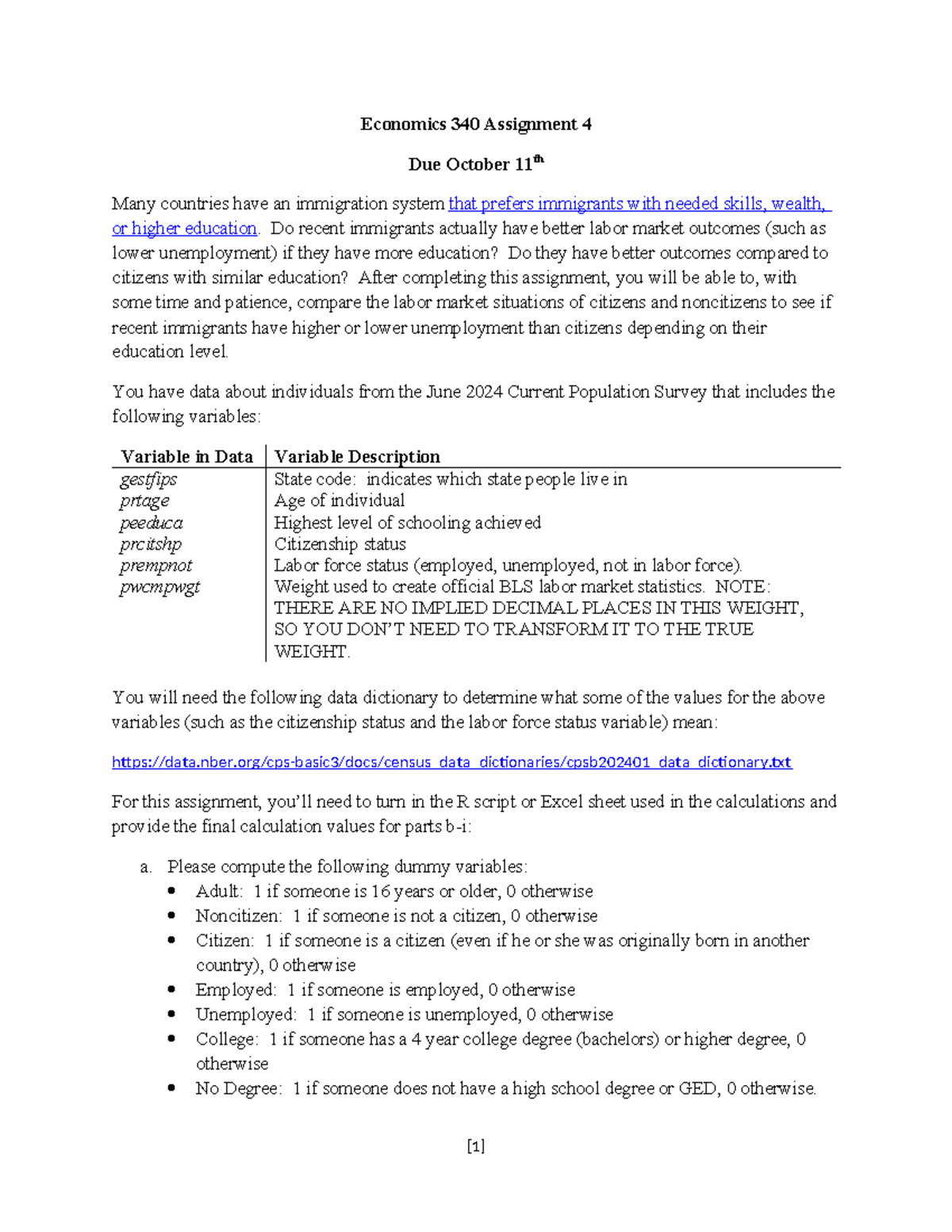 Assignment 4, Econ 340 - Economics 340 Assignment 4 Due October 11th ...