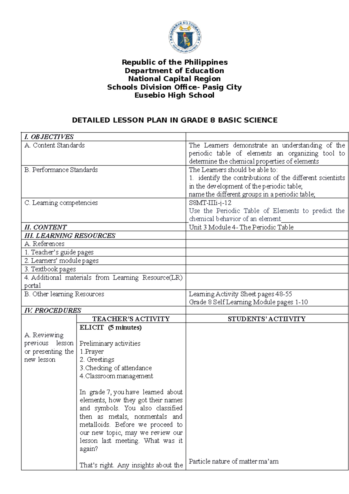 DLP 1 Grade 8 Detailed Lesson Plan on Periodic Table Concepts - Studocu