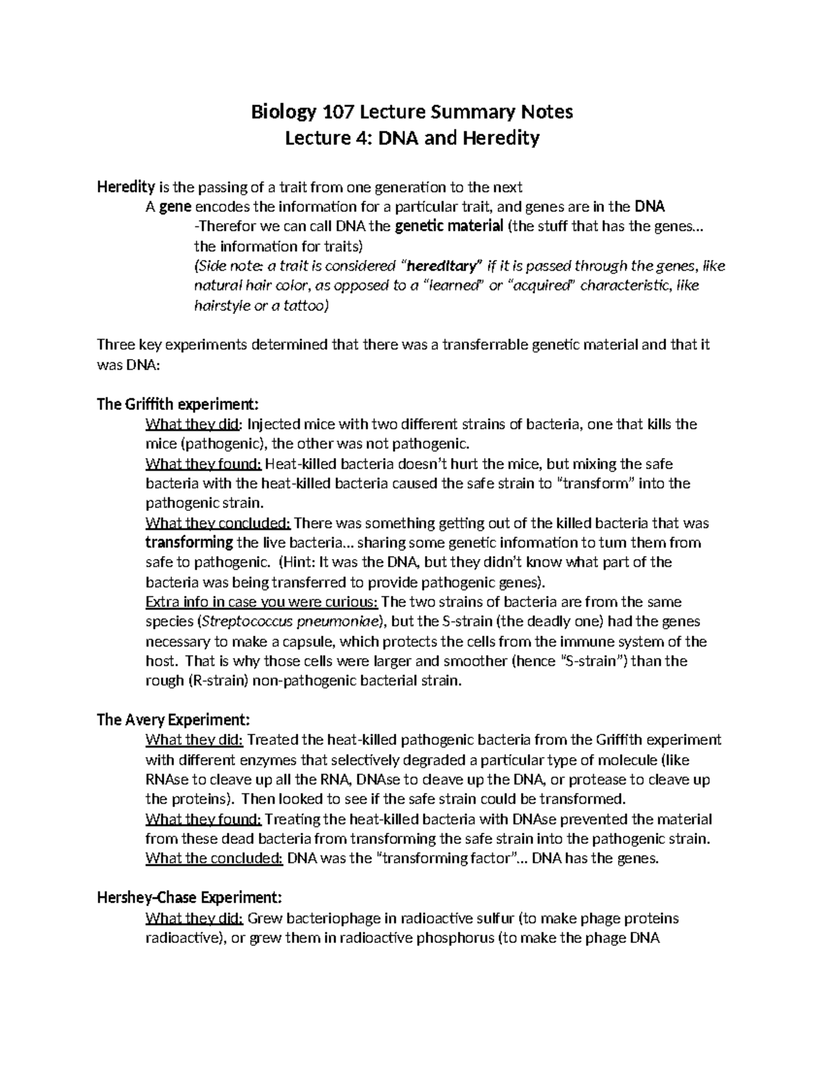 Biology 107 Lecture Notes: DNA & Heredity - Lecture 4 Summary - Studocu
