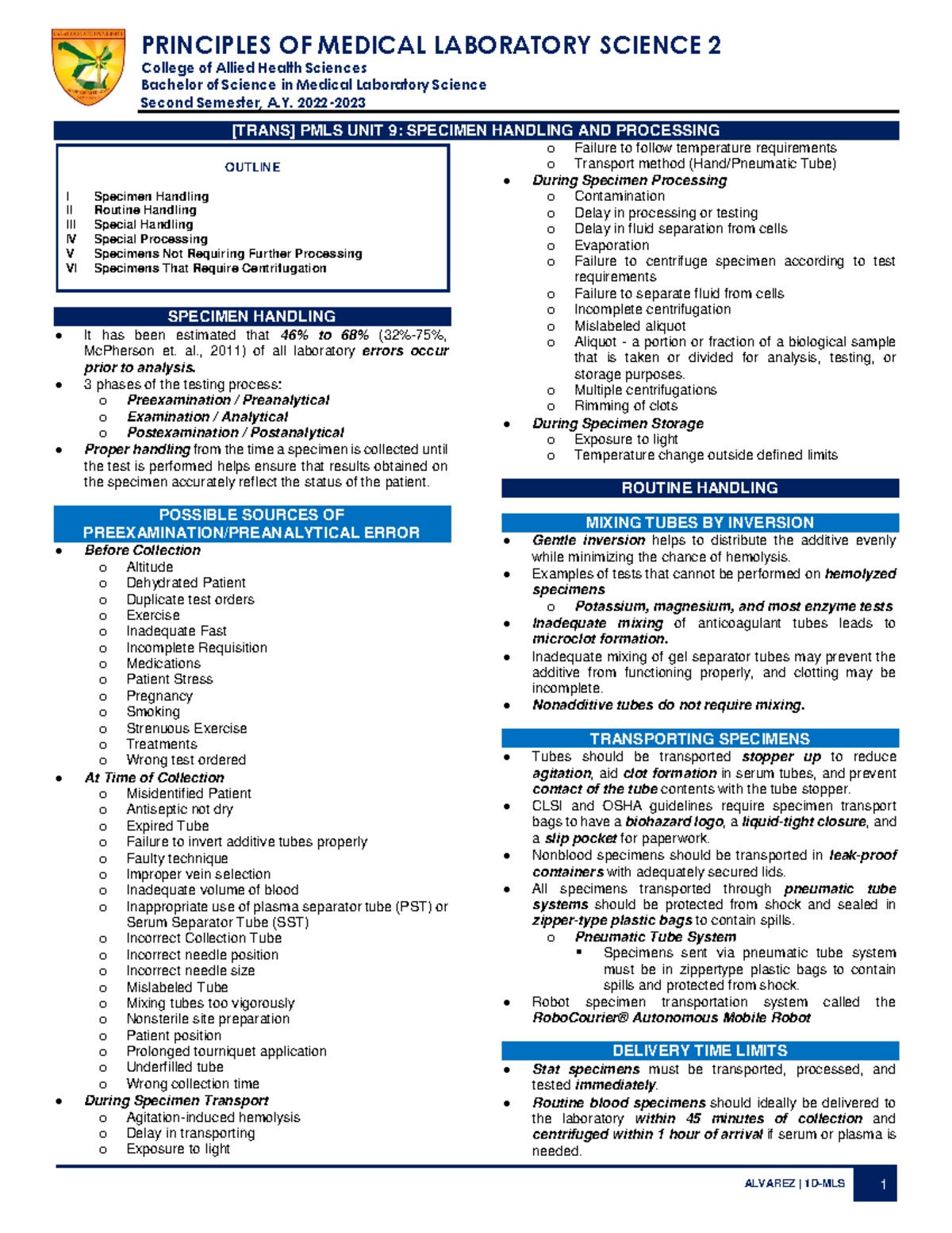 PMLS 2 Final Exam Review: Specimen Handling and Processing Guidelines ...