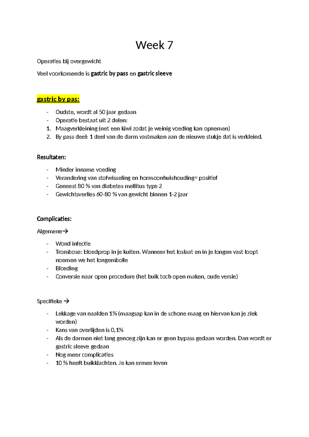 Week 7: Operaties bij Overgewicht - Gastric By-Pass & Sleeve - Studeersnel