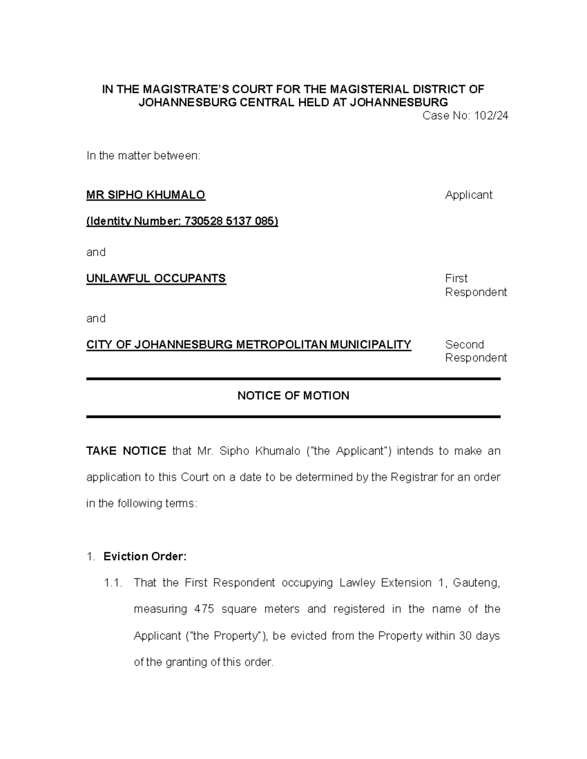 Court Notice of Motion: Eviction Order and Related Relief - Case No ...