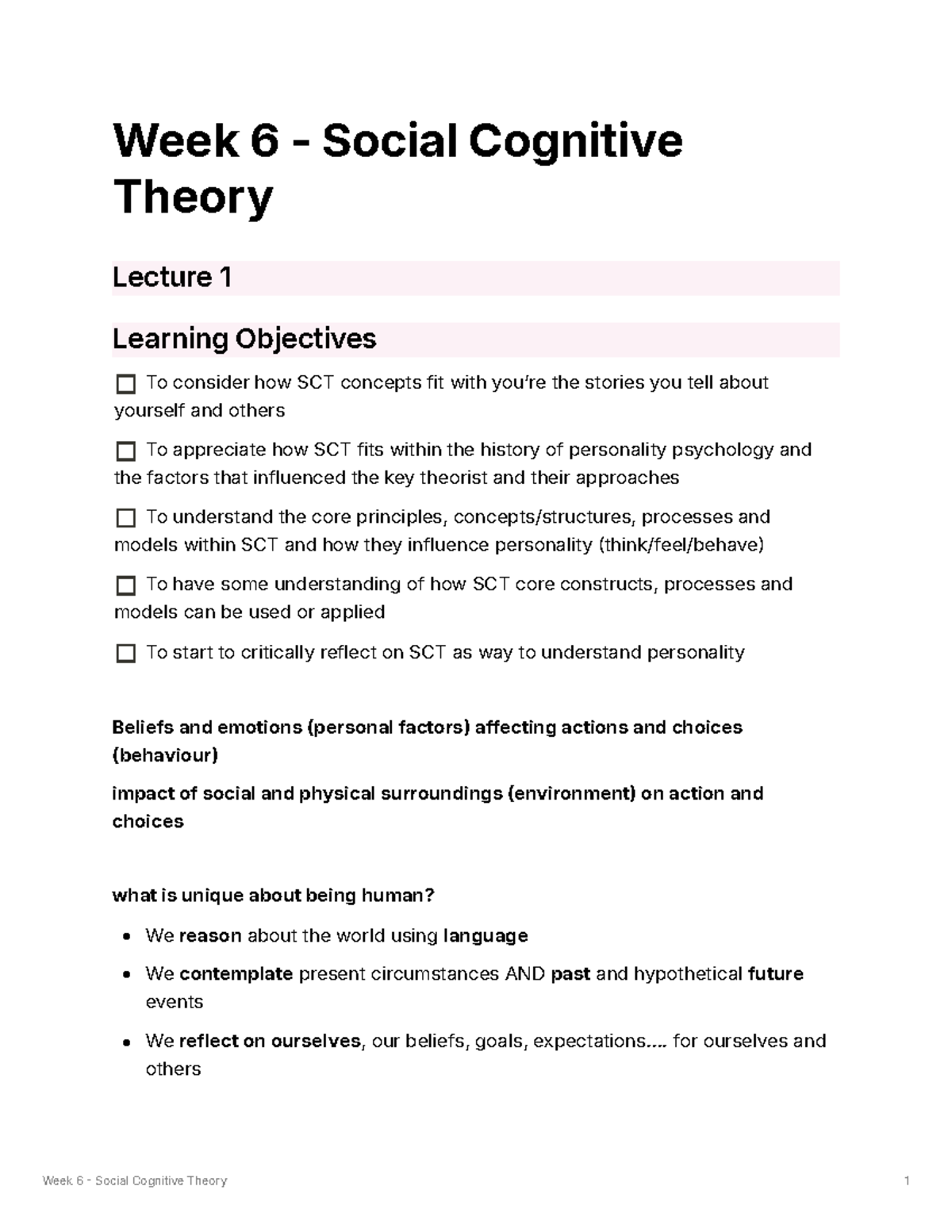 Week 6 Lecture Notes on Social Cognitive Theory (PSY101) - Studocu