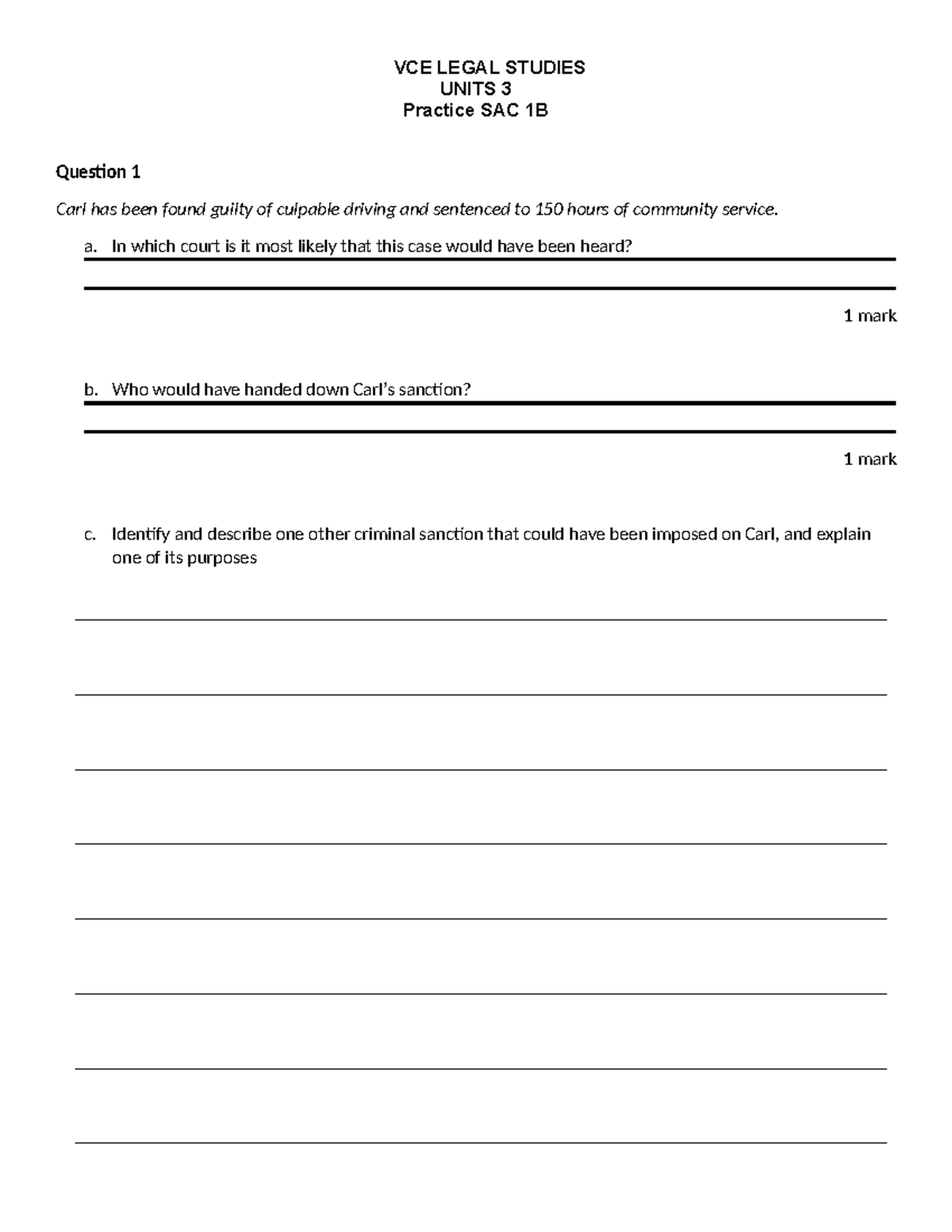VCE LEGAL STUDIES UNITS 3 Practice SAC 1B: Criminal Law Questions ...