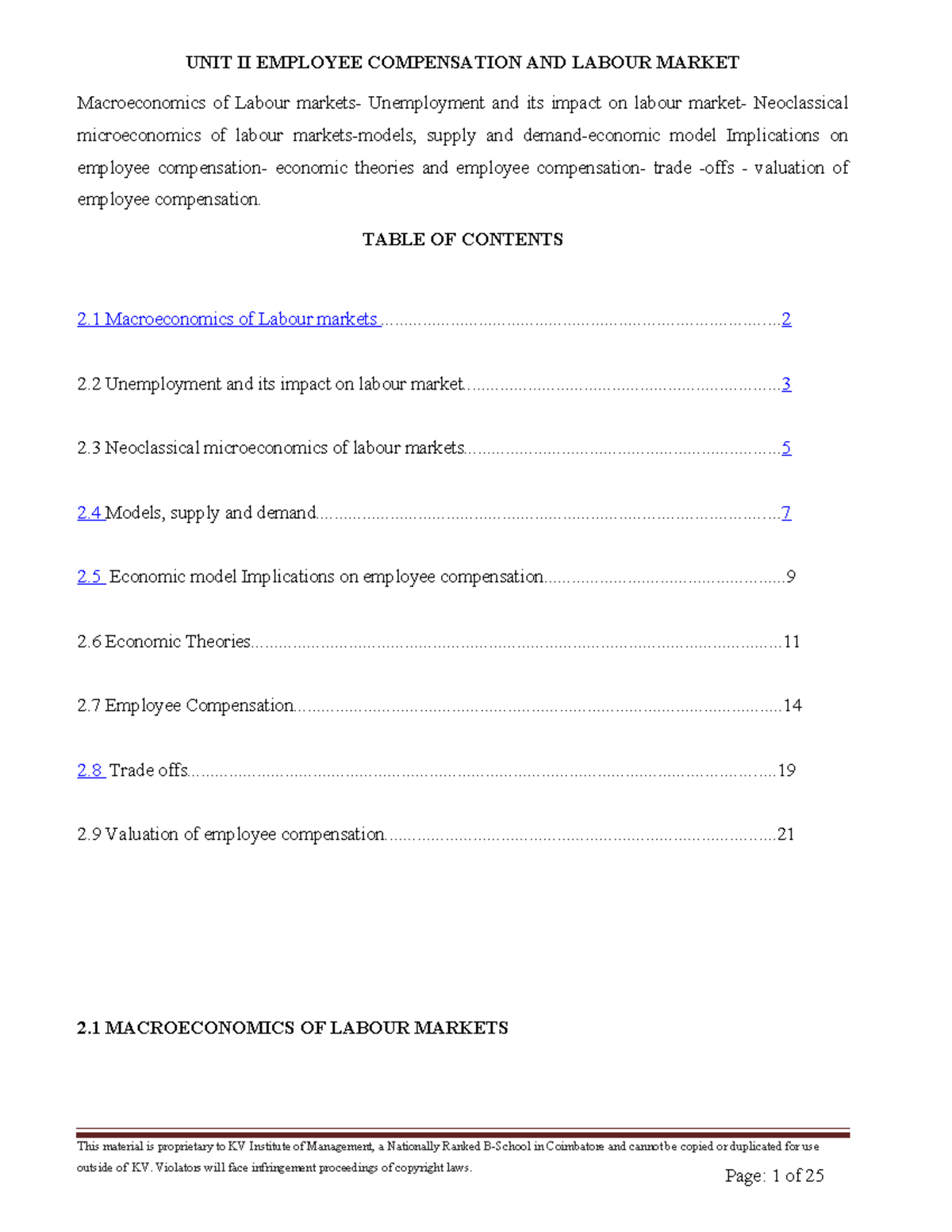 Unit II - Employee Compensation & Economic Theories Notes - Studocu