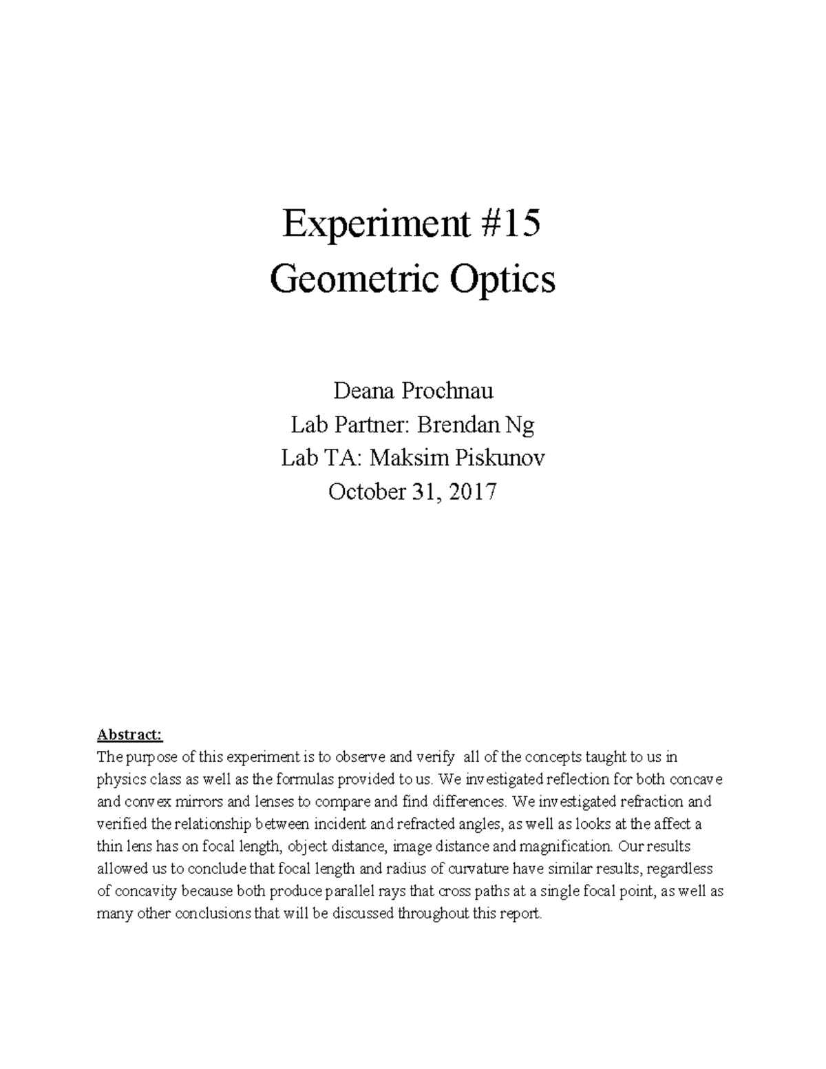 Lab Report 15: Geometric Optics Experiment Analysis - Studocu