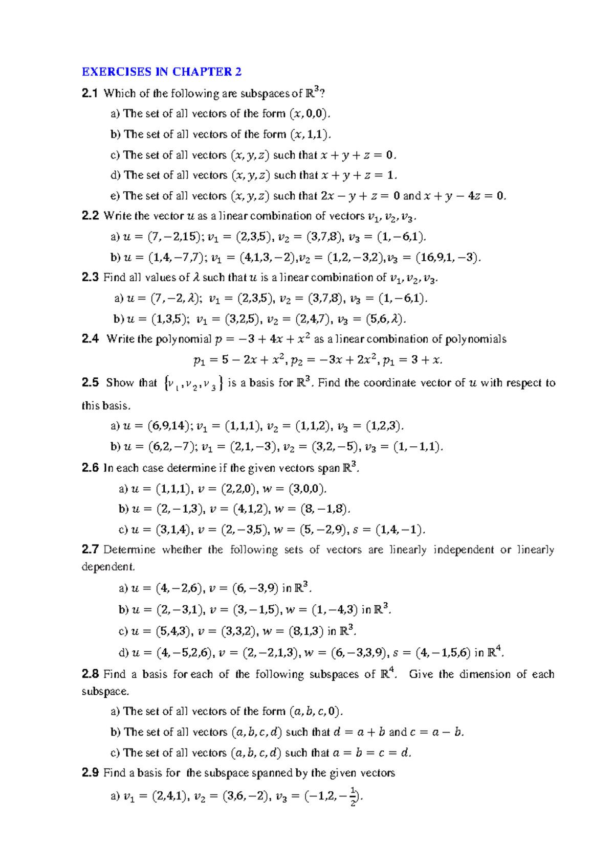 Exercises in Linear Algebra 2: Chapter 2 Problems and Solutions - Studocu