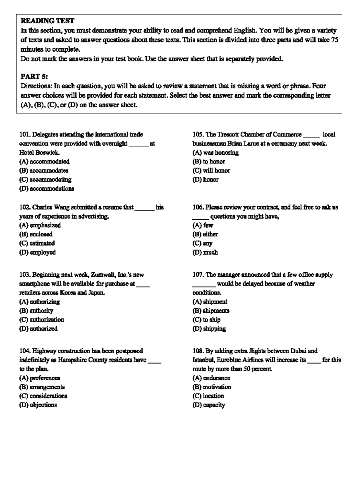 Reading test part 5: Practice questions and answers - Studocu