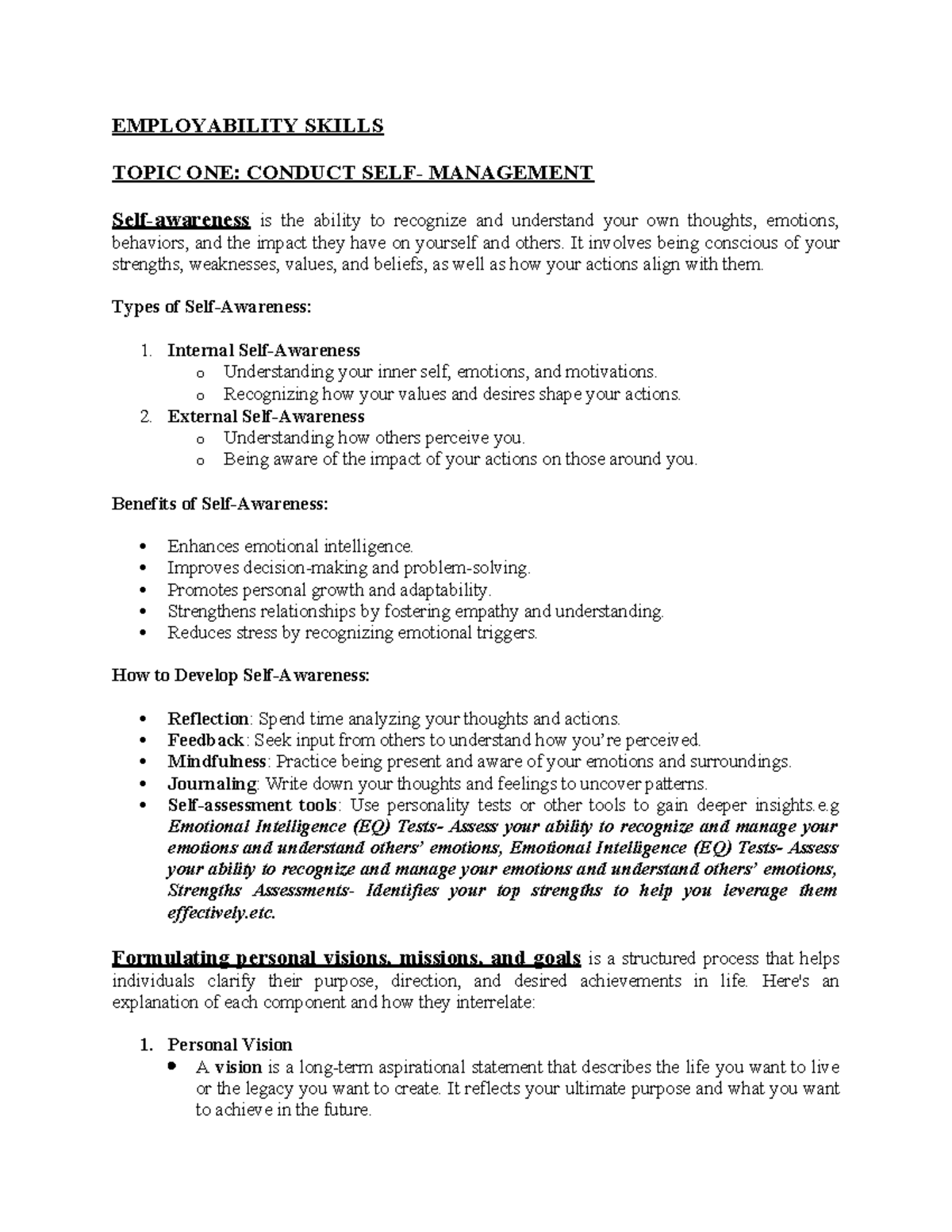 EMPLOYABILITY SKILLS: CONDUCT MANAGEMENT & EMOTIONAL INTELLIGENCE - Studocu