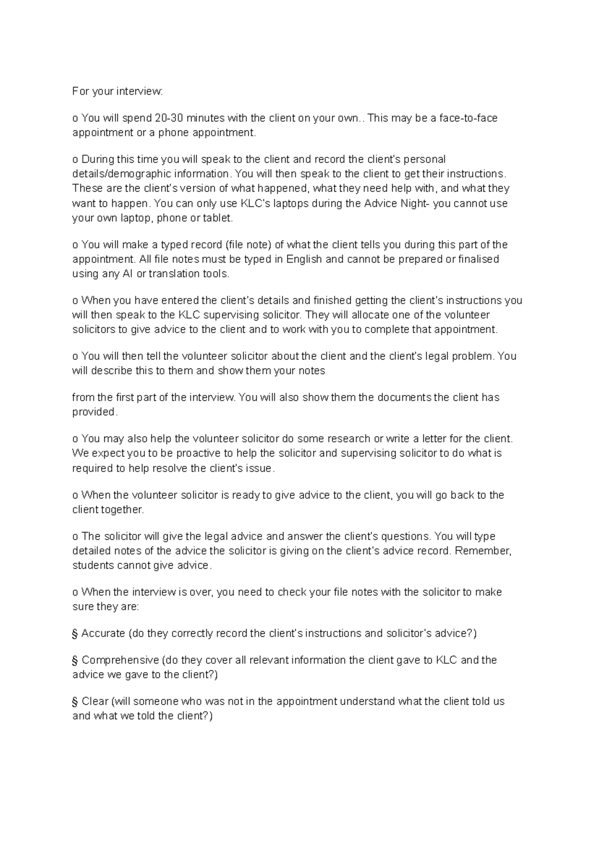 LAWS1230 KLC Night: Client Interview Process Notes - Studocu