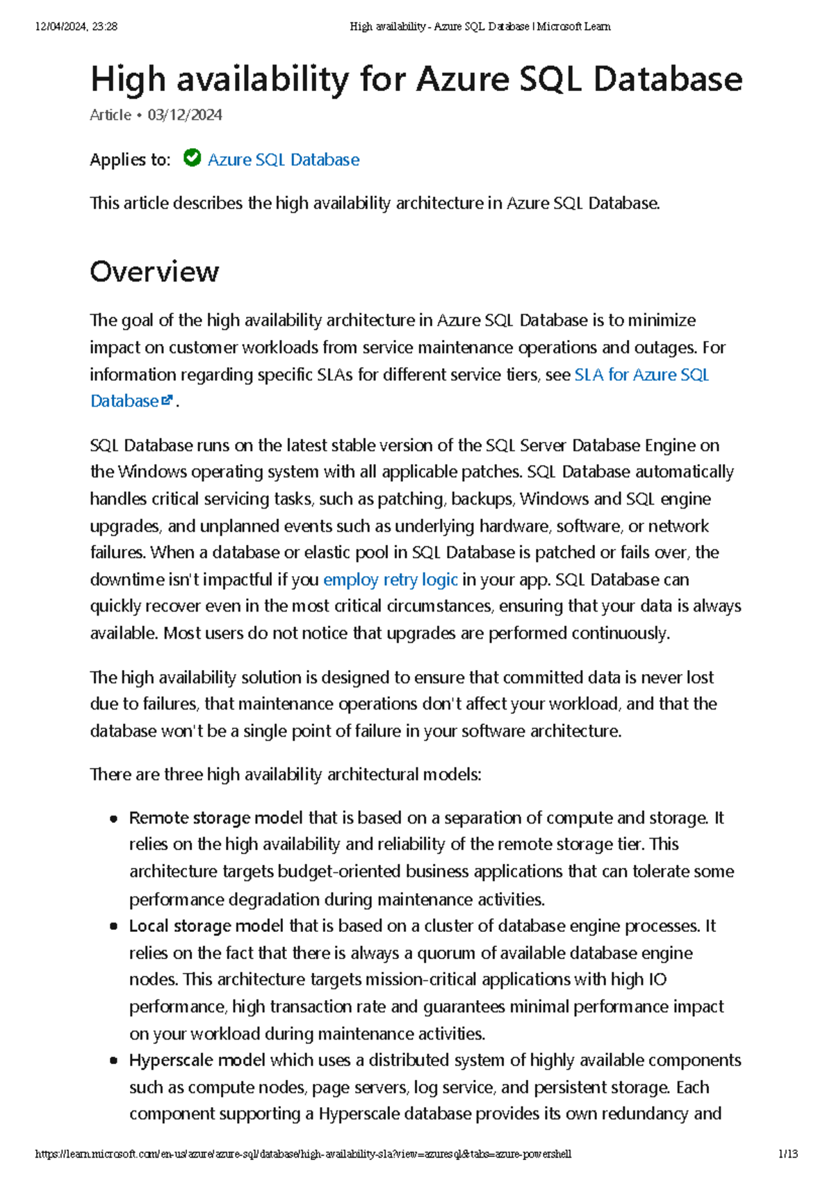 High availability - Azure SQL Database Microsoft Learn - High ...