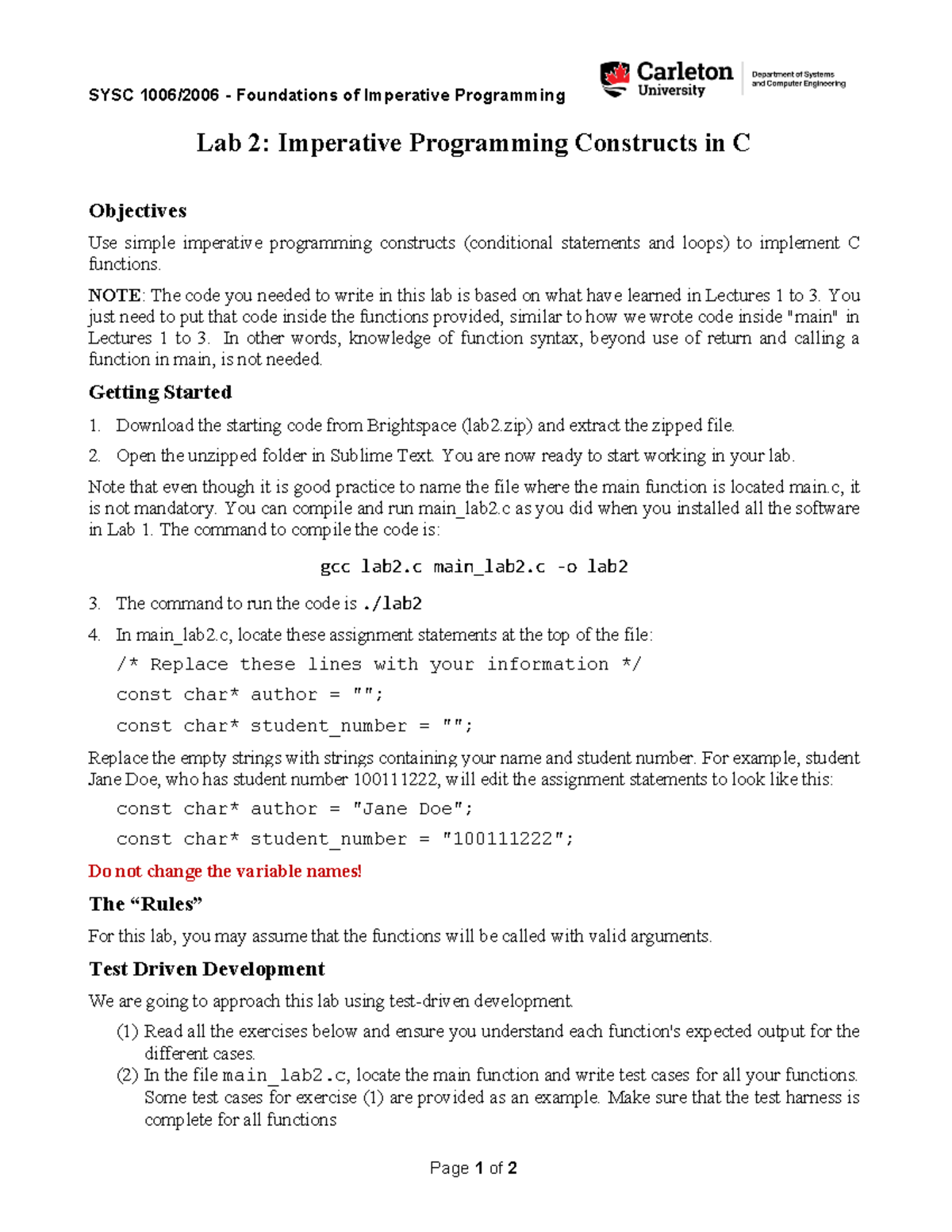 SYSC2006 L02 Lab 2: Imperative Programming Constructs in C - Studocu