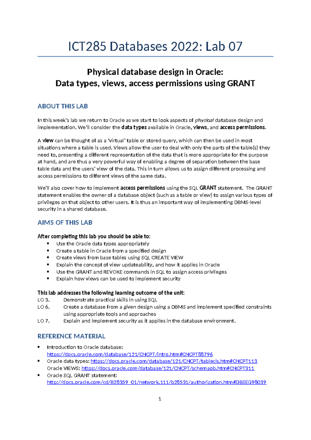 ICT285 Lab 07 2022: Physical database design in Oracle and access ...