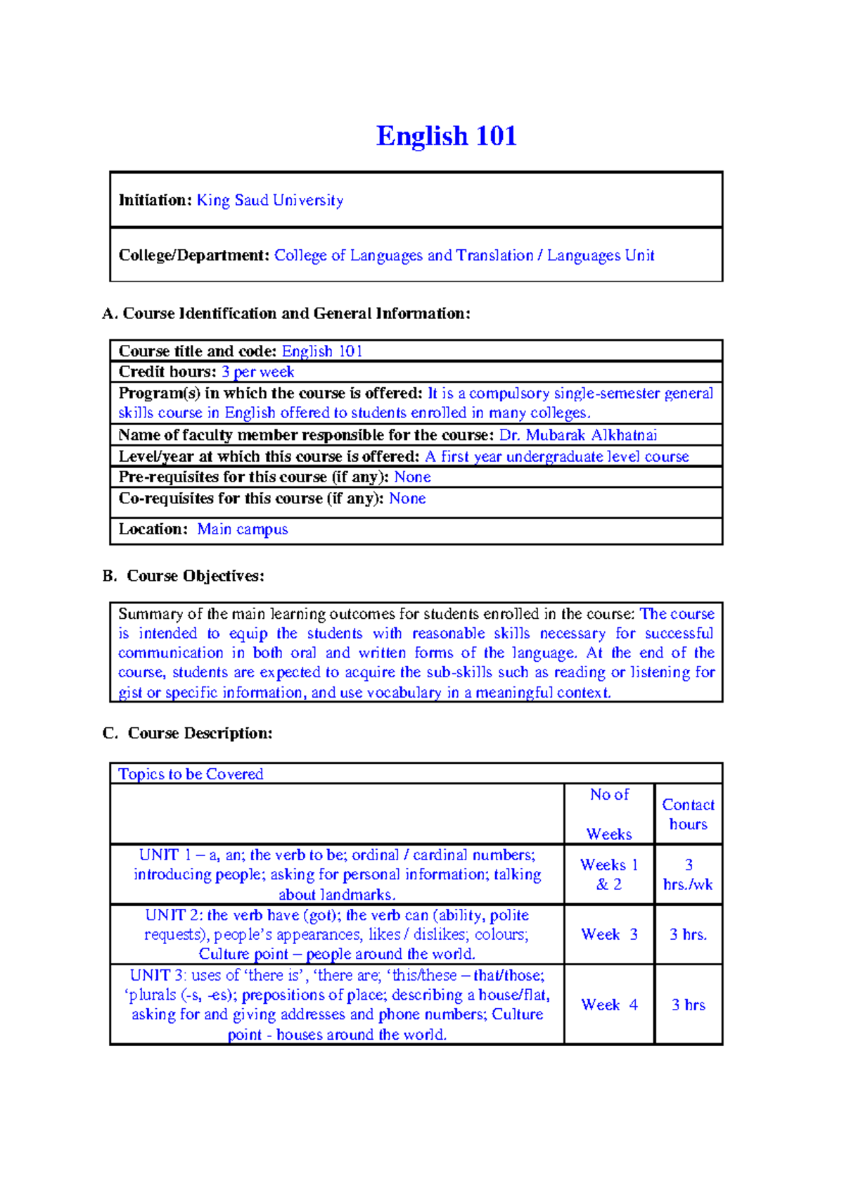 English 101 Course Specification & Learning Objectives Overview - Studocu