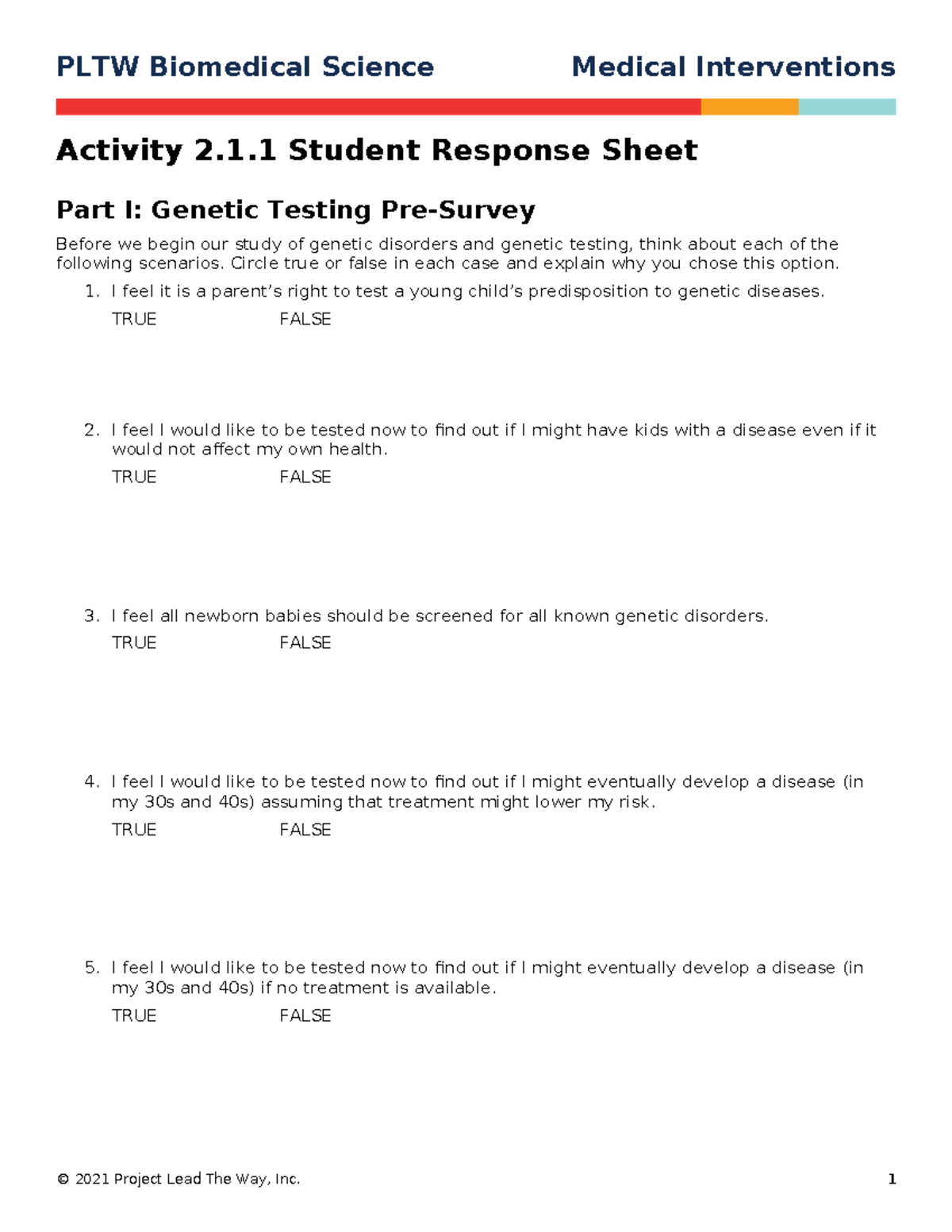 MI 211 Genetic Testing Response Sheet for Activity 2.1 - Studocu