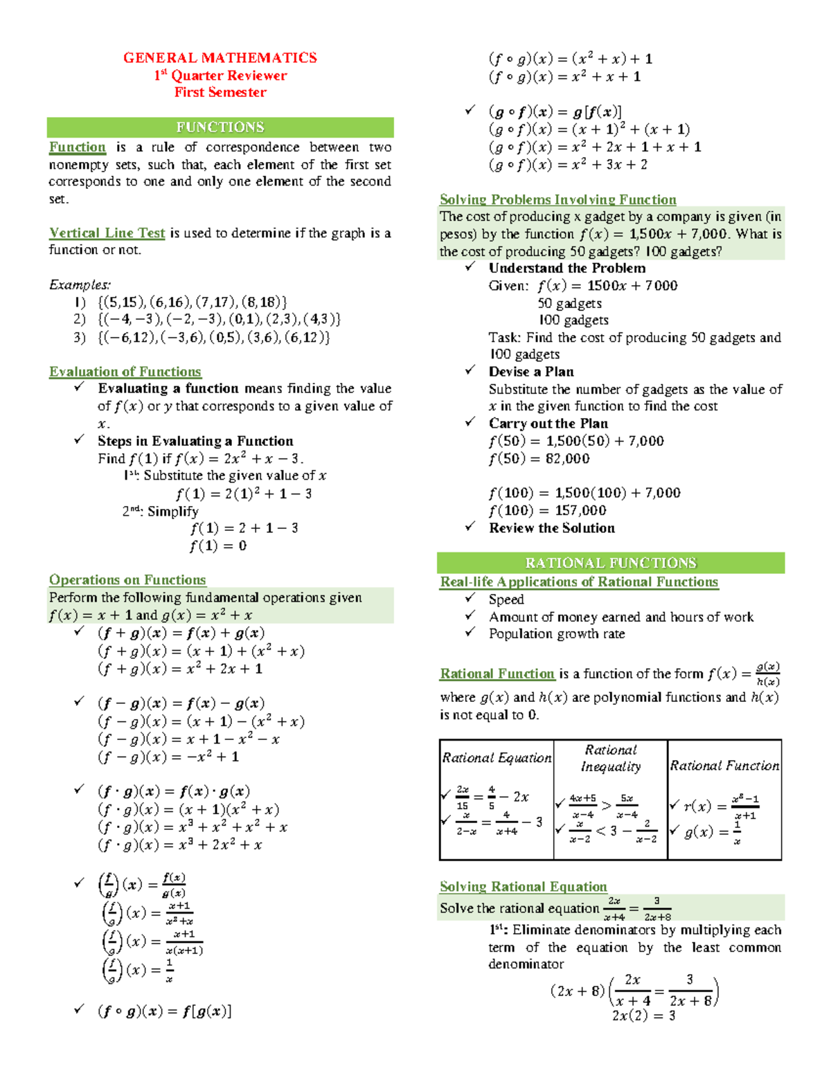 General Mathematics (Genmath) 1st Quarter Lesson Summary - Studocu
