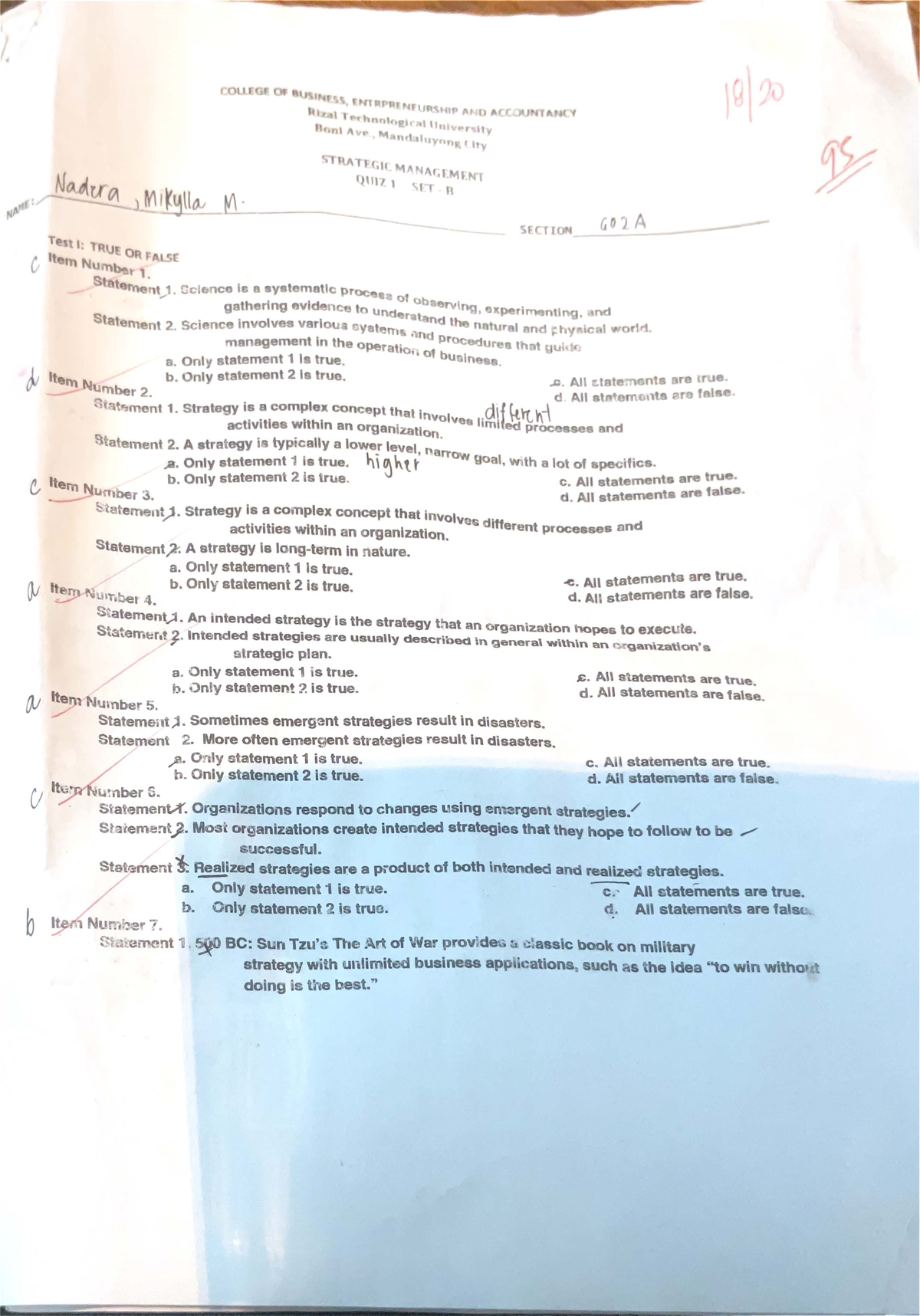 BUS 101 STRATEGIC MANAGEMENT QUIZ 1 SET B - TRUE/FALSE QUESTIONS - Studocu