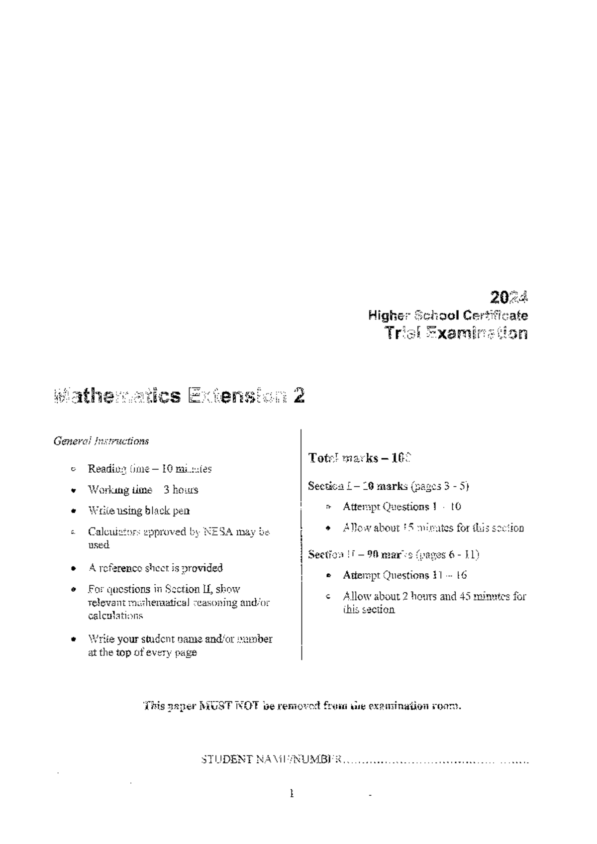 2024 Independent Mathematics Extension 2 Trial Exam Instructions - Studocu