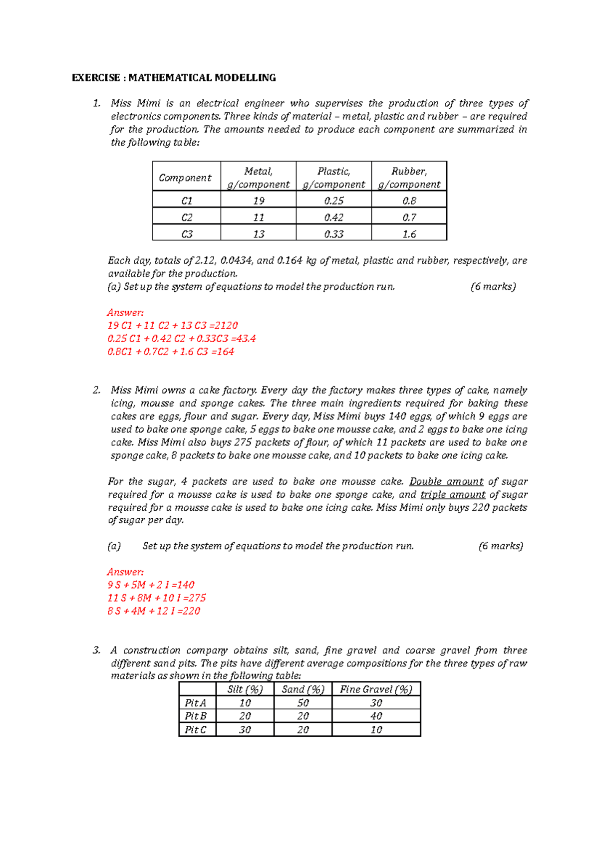 Mathematical Modelling and Linear Algebr - EXERCISE : MATHEMATICAL ...