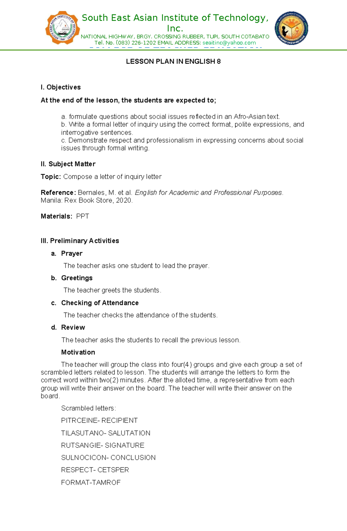 English 8 Lesson Plan: Writing a Formal Letter of Inquiry - Studocu