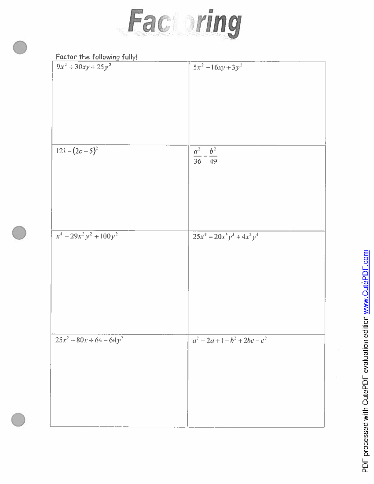 Chapter 1 Handouts - Extra practice for factoring problems and ...