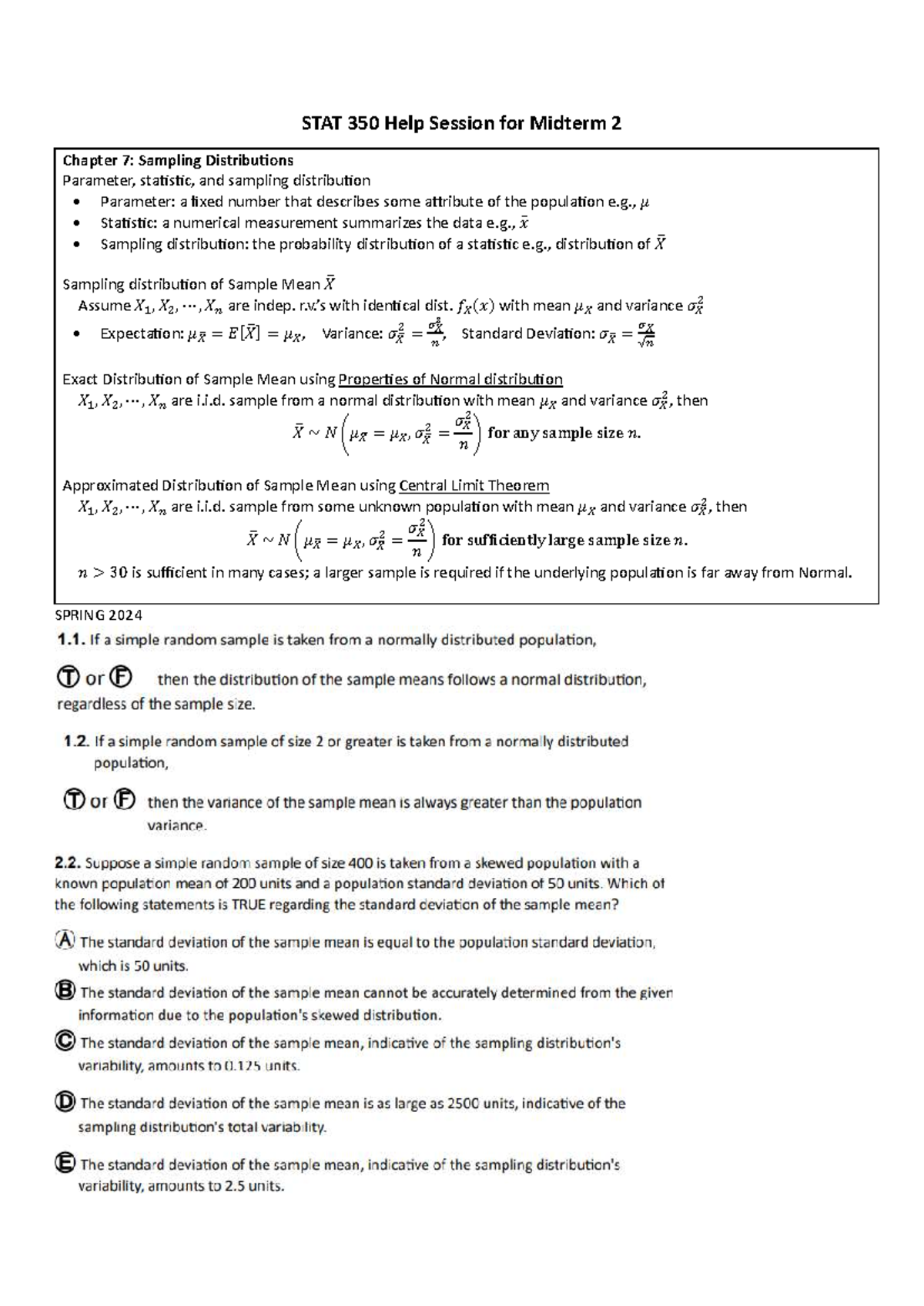 STAT 350 Midterm 2 Help Session: Sampling Distributions & Hypothesis ...