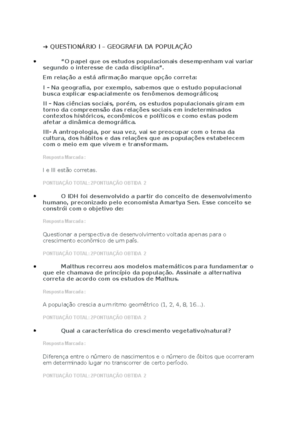 Questionário I – Geografia da População: Análise e Questões Respostas ...