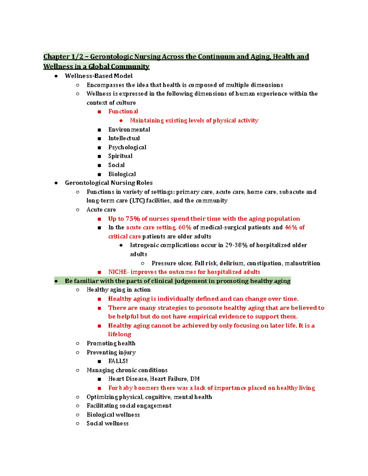 AA Exam 1 Study Guide - Gerontologic Nursing and Healthy Aging - Studocu