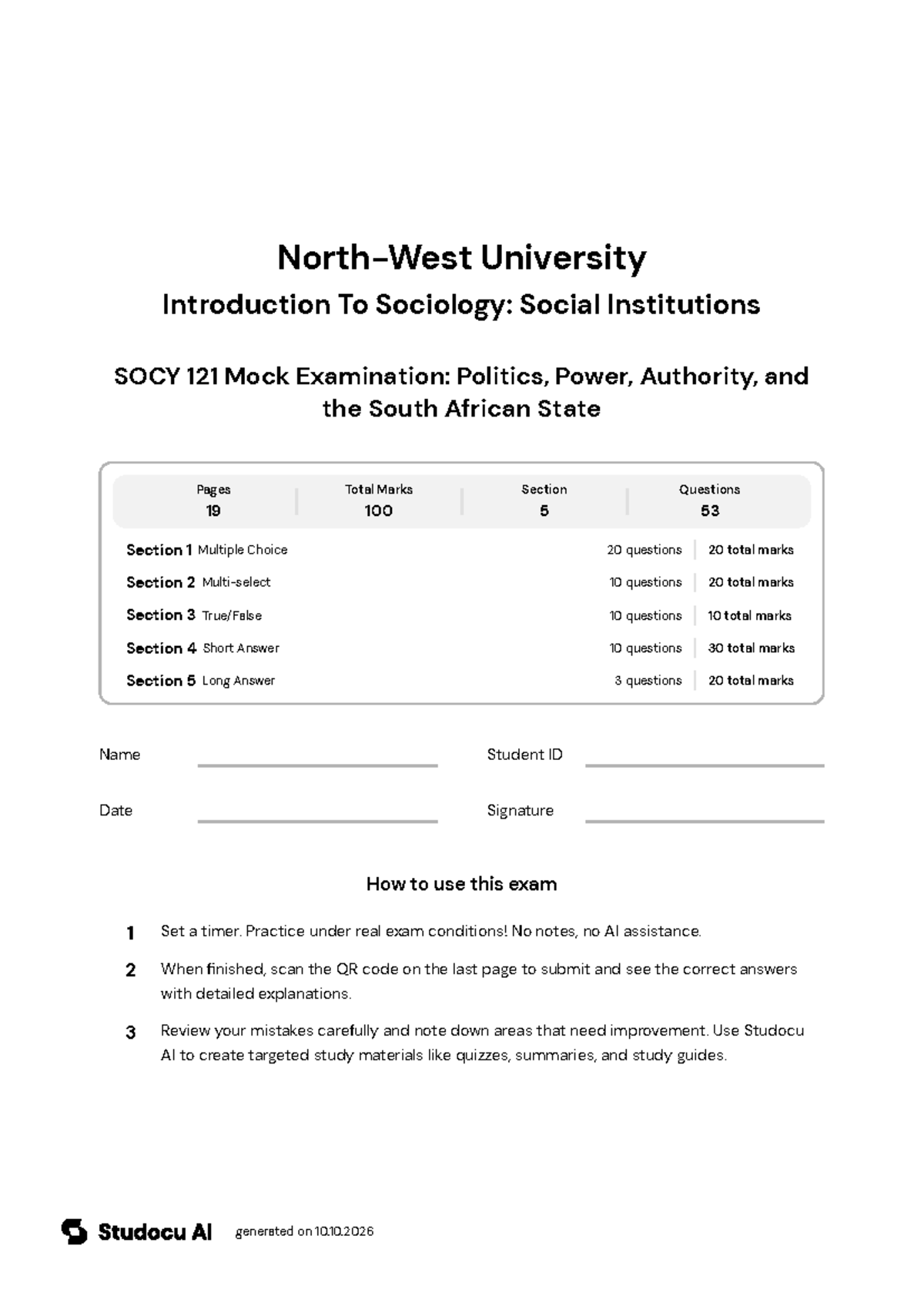 SOCY 121 Mock Exam: Politics, Power, and Authority - Studocu