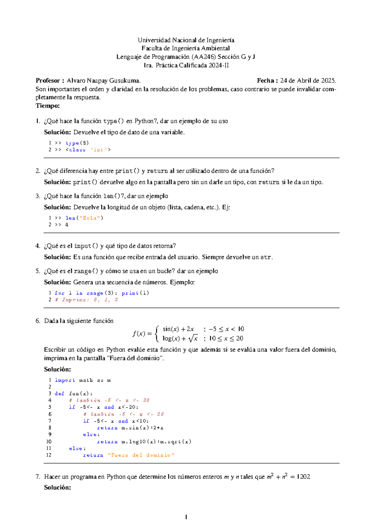 Práctica Calificada de Programación en Python (AA246) - PC1 - Studocu