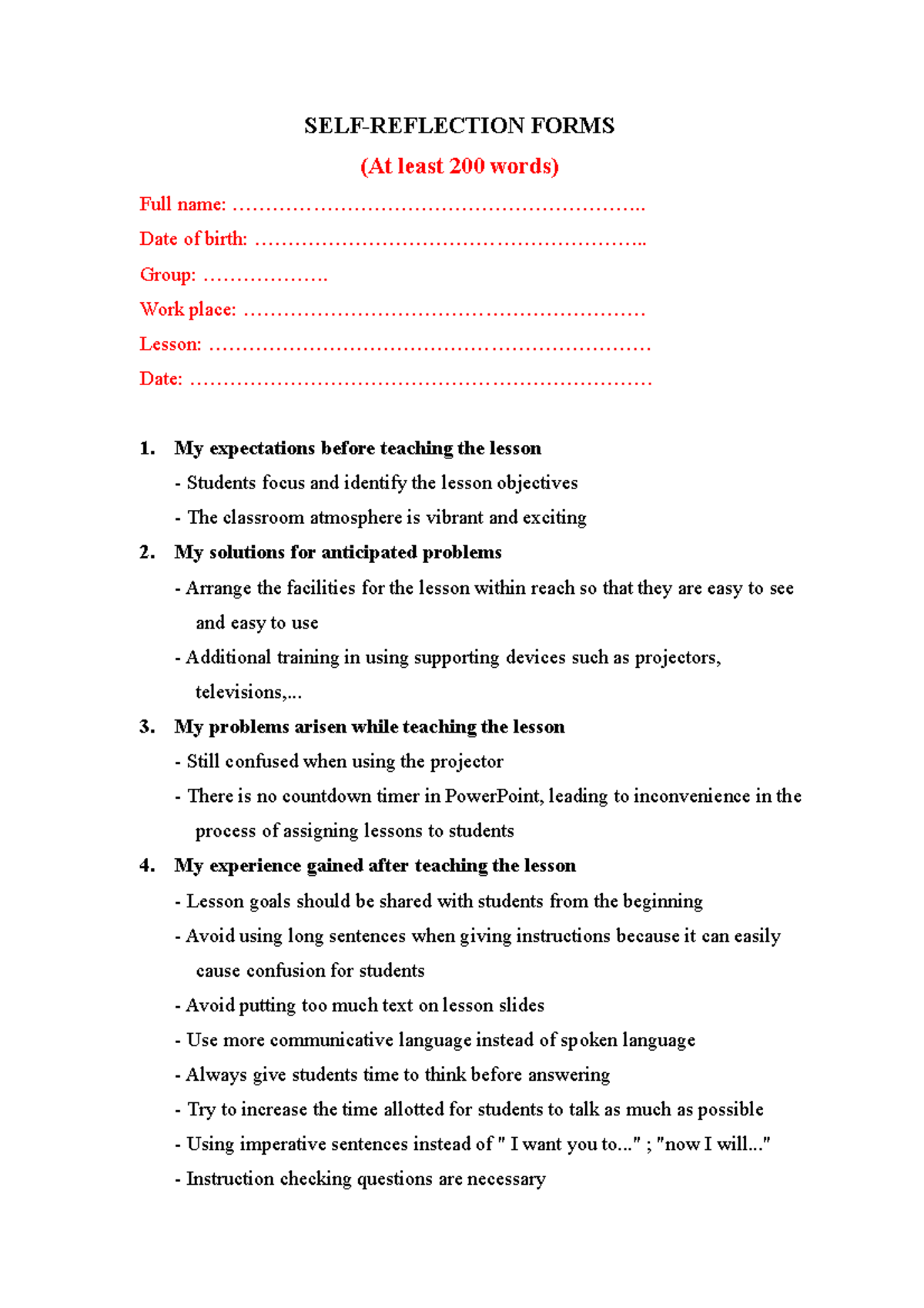 Tự nhìn lại - Practice materials - SELF-REFLECTION FORMS (At least 200 ...