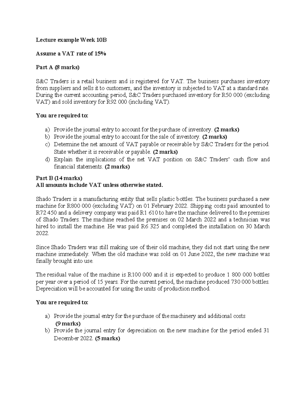 Lecture Example Week 10B: VAT Accounting for Traders and Machinery ...
