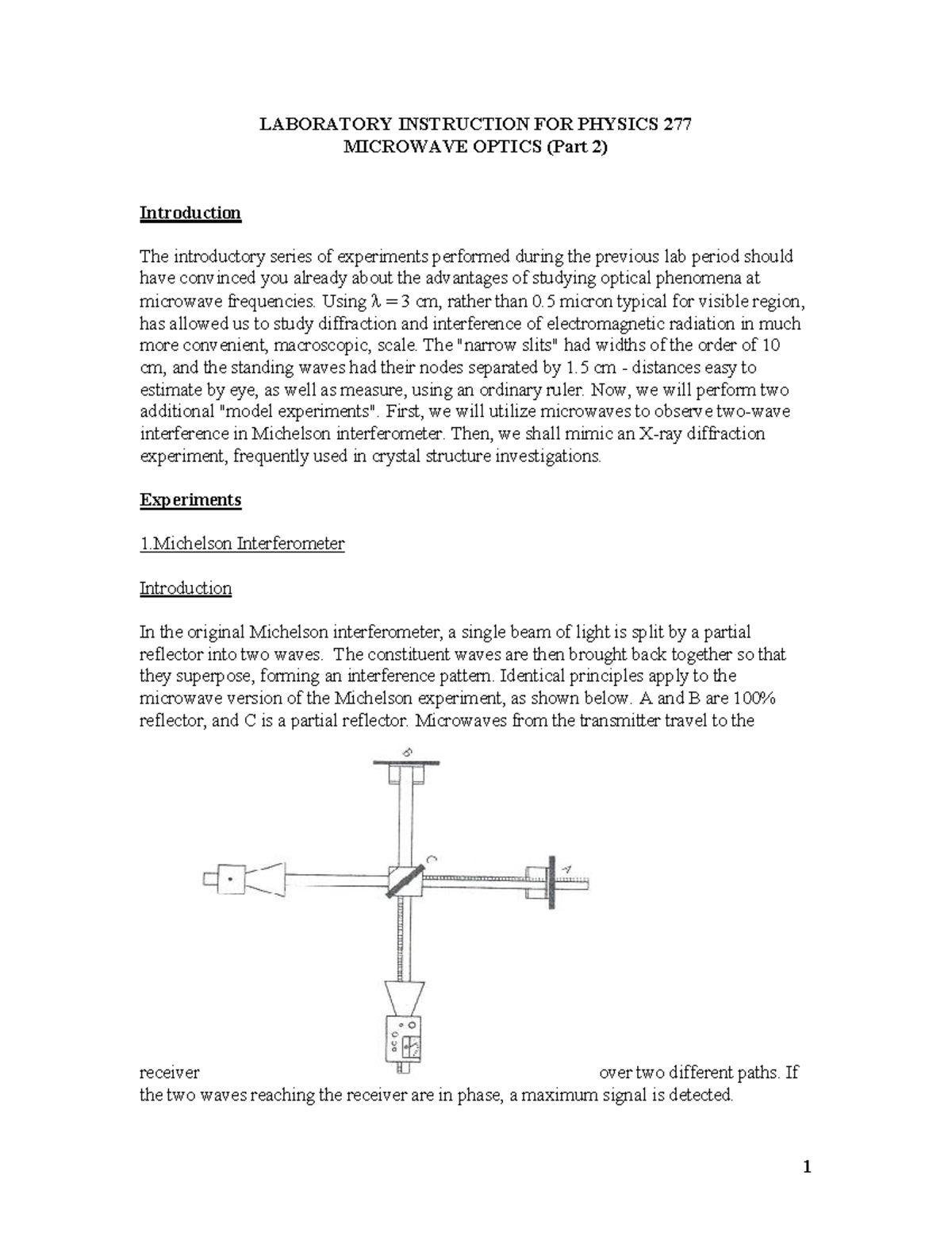 Michelson Interferometer - LABORATORY INSTRUCTION FOR PHYSICS 277 ...