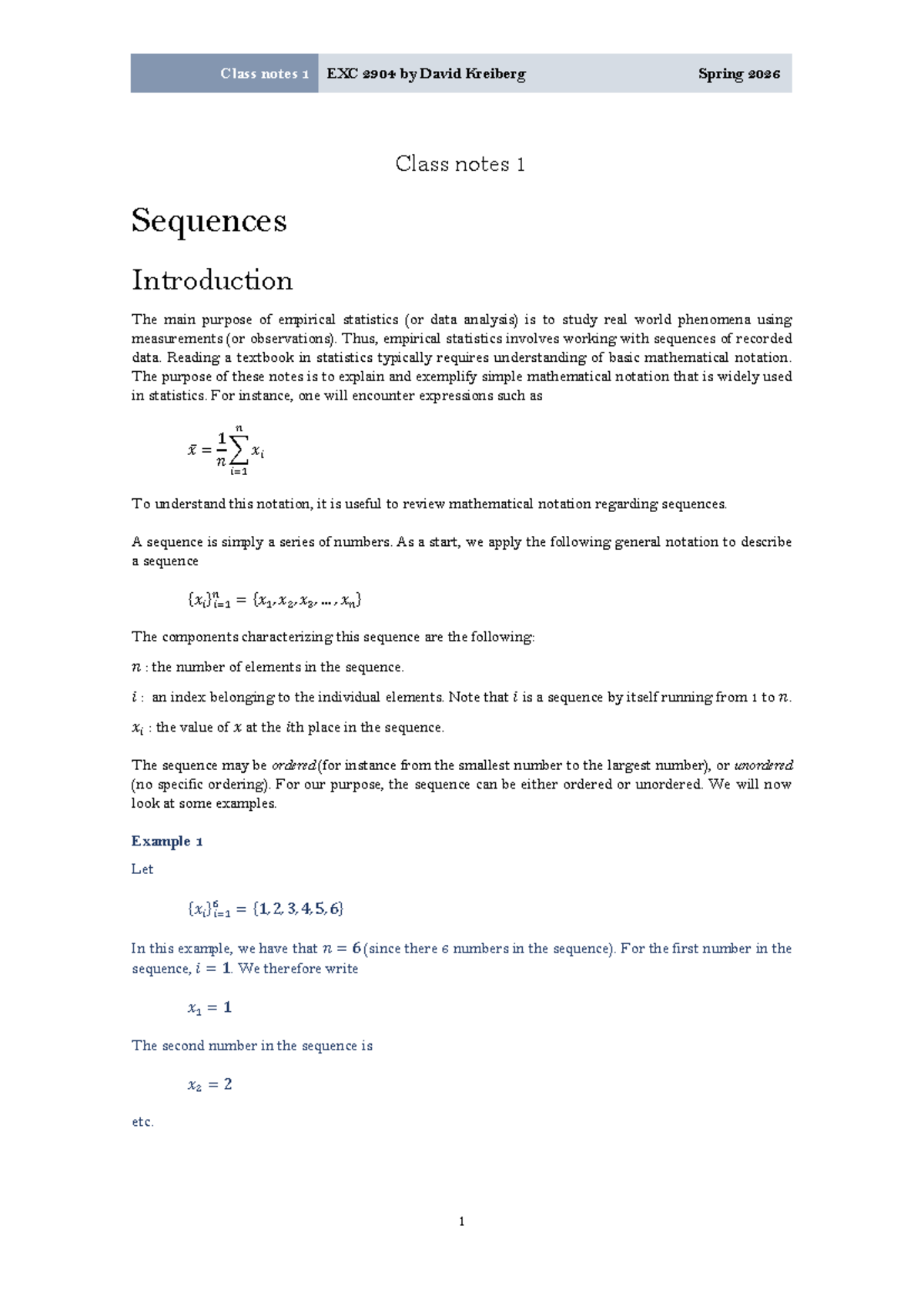 Class Notes 1: Sequences and Statistics - EXC 2904 Spring 2026 - Studocu