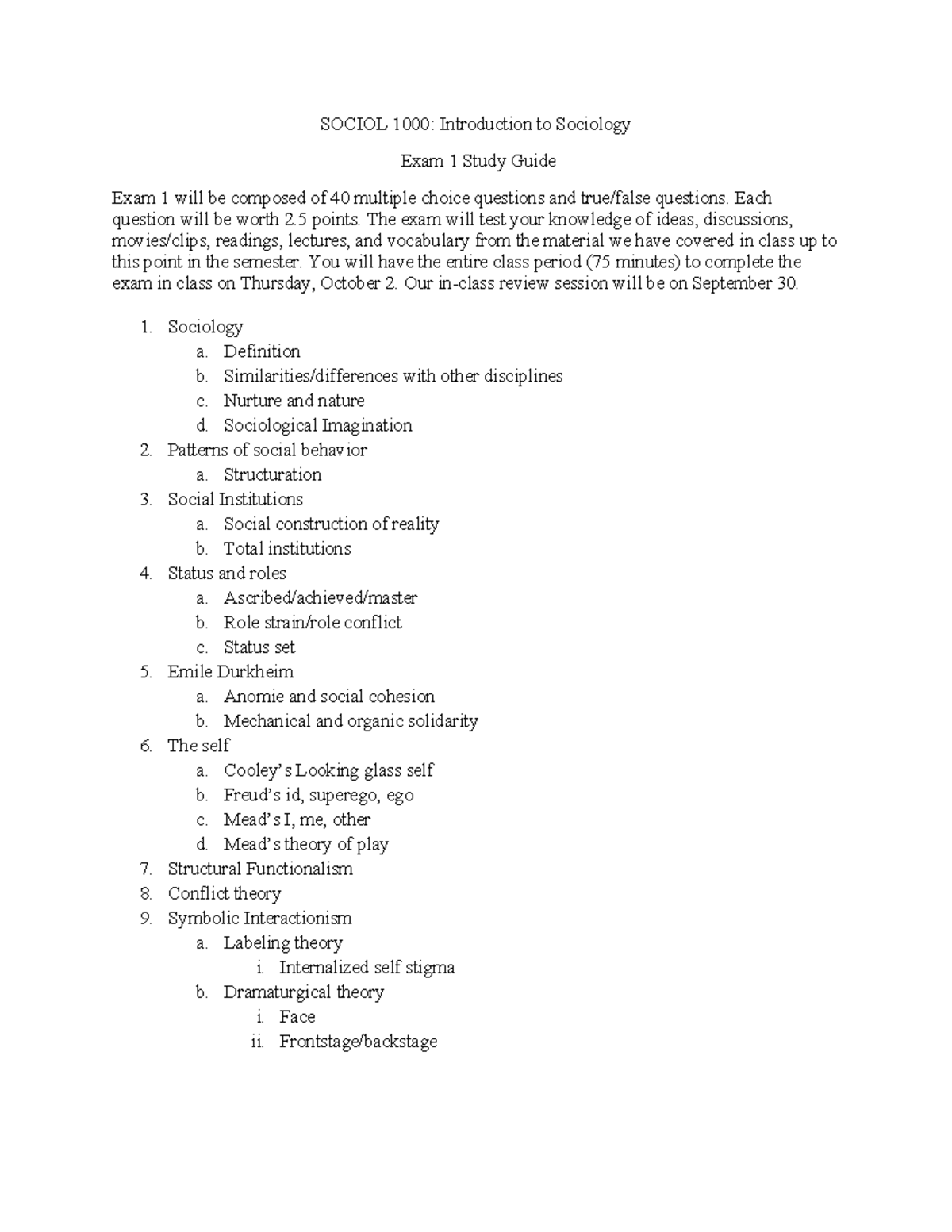 SOCIOL 1000: Exam 1 Study Guide for Intro to Sociology - Studocu