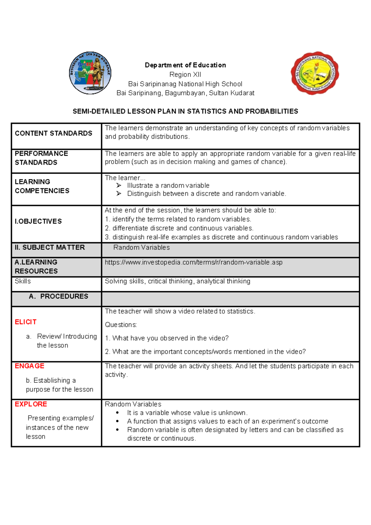 LP-Statistics-1: Semi-Detailed Lesson Plan on Random Variables - Studocu