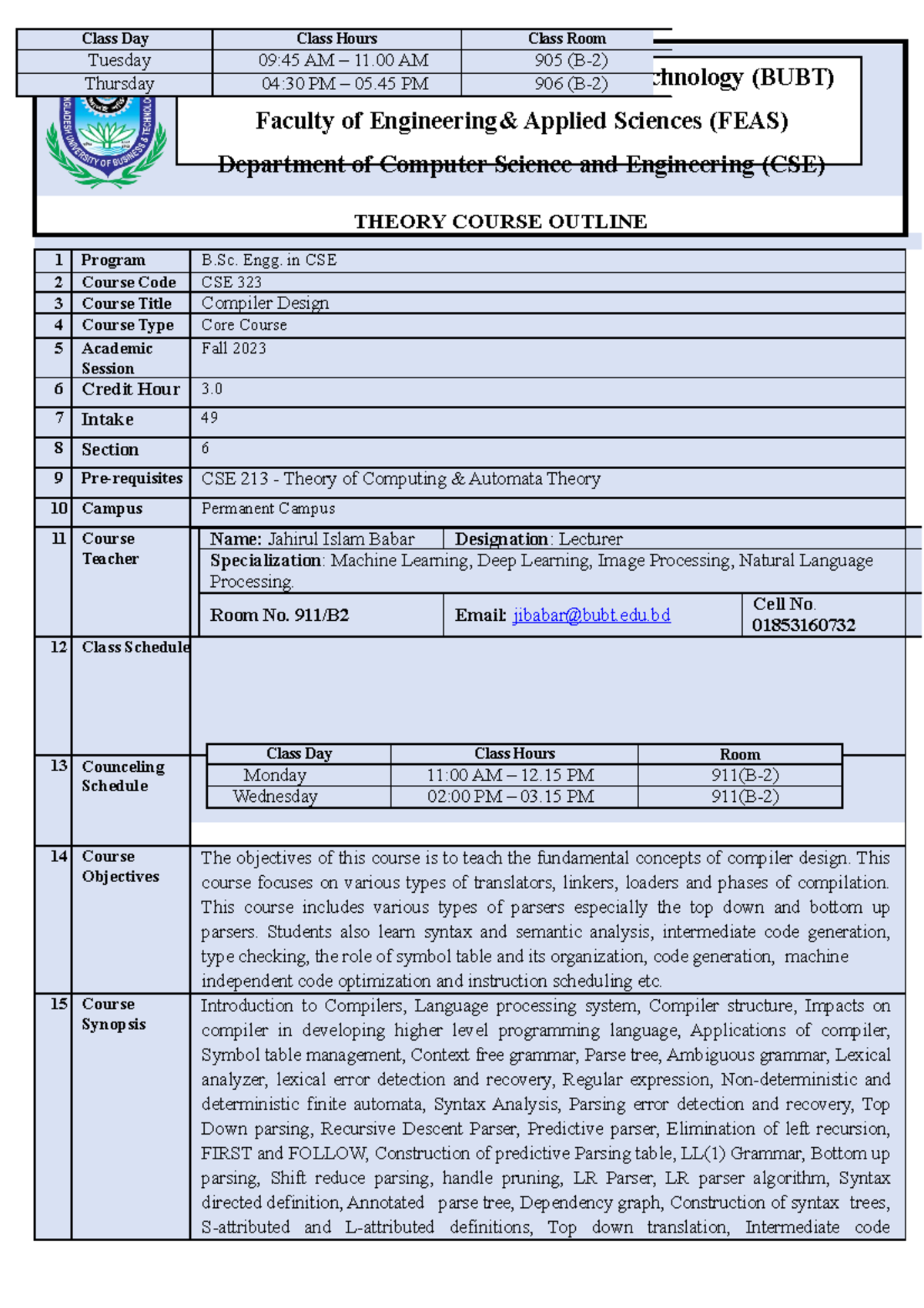 CSE 323 Compiler Design Course Outline for Fall 2023 - Section 6 - Studocu
